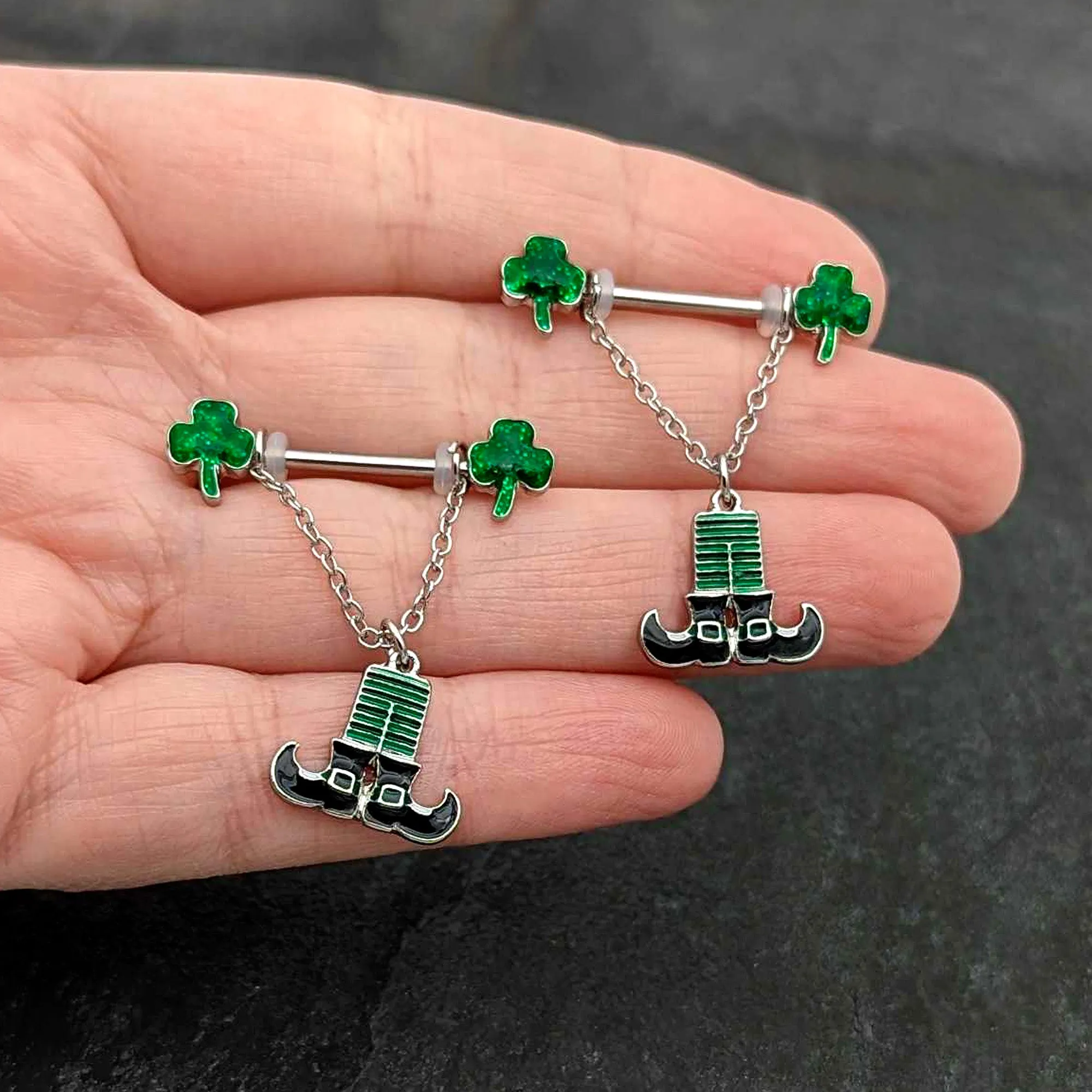 14 Gauge 11/16 Leprechaun Legs Shamrock Chain Dangle Nipple Ring Set