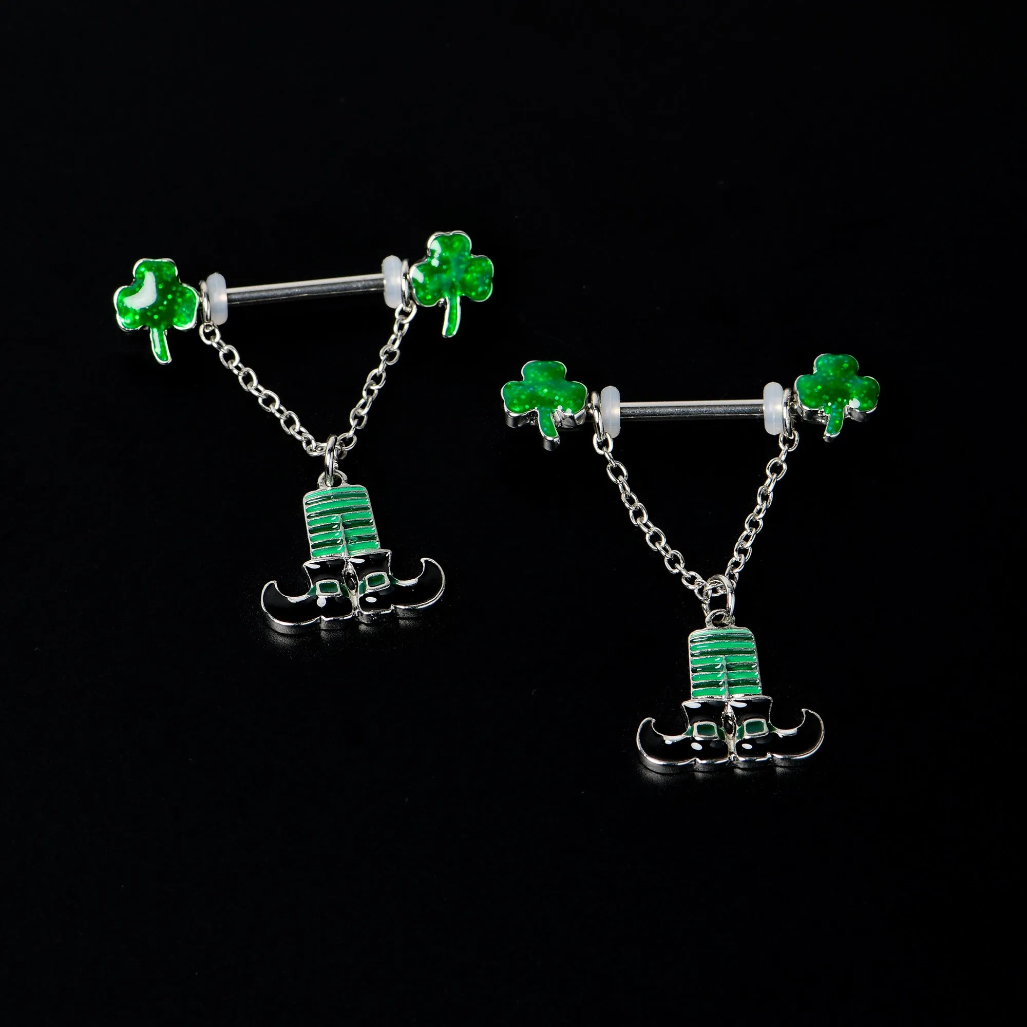 14 Gauge 11/16 Leprechaun Legs Shamrock Chain Dangle Nipple Ring Set