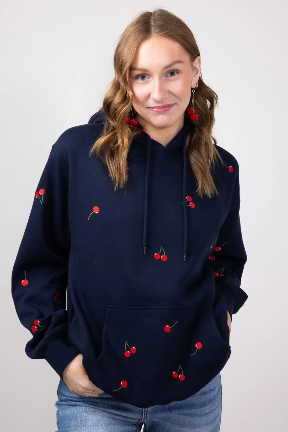 1897 Active All Over Print Cherry Embroidered Hoodie for Women in Navy | JT031-DEEPNAVY