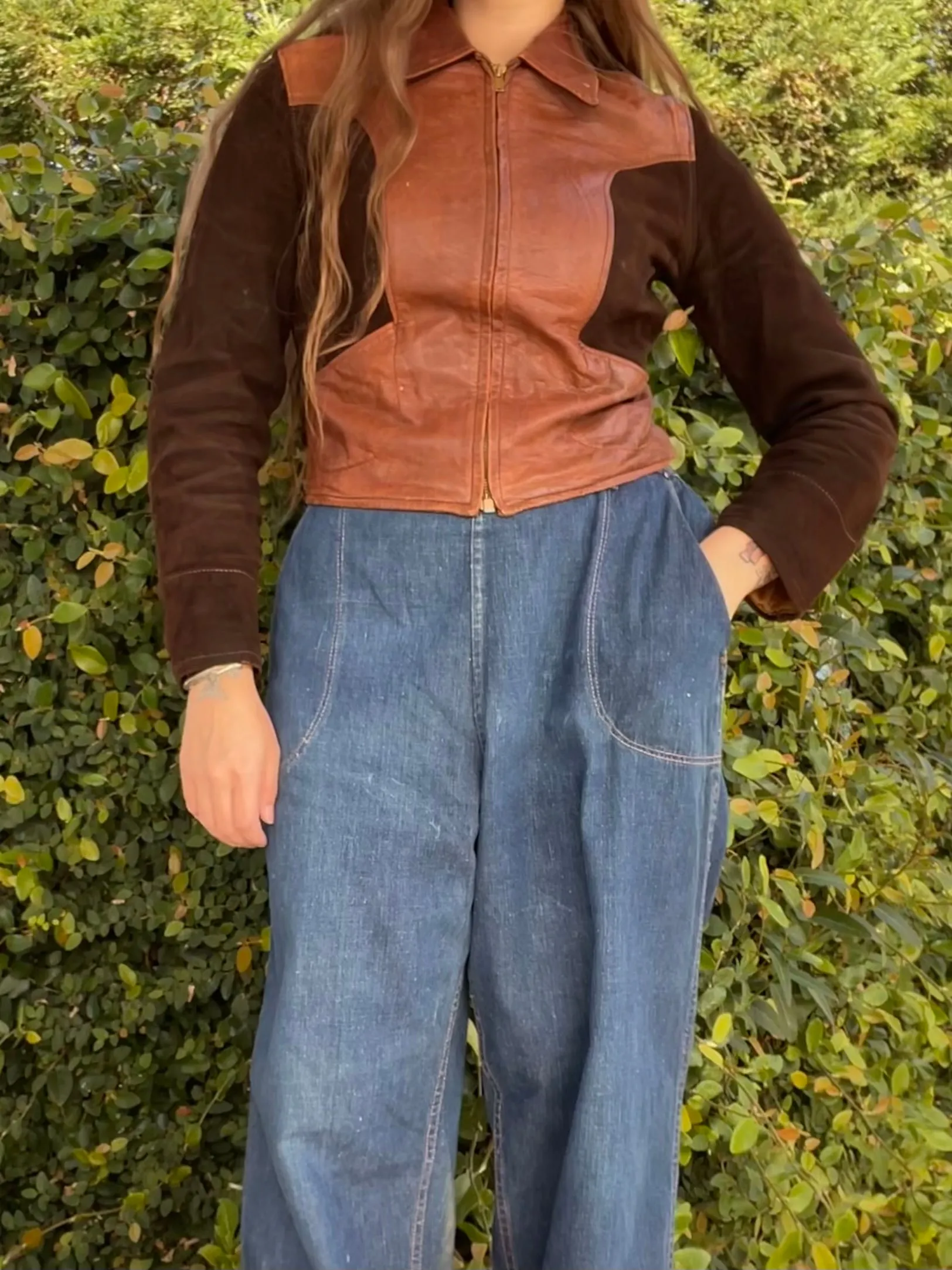1930s-1940s Two Tone Flannel Lined Leather & Suede Side Cinch Jacket