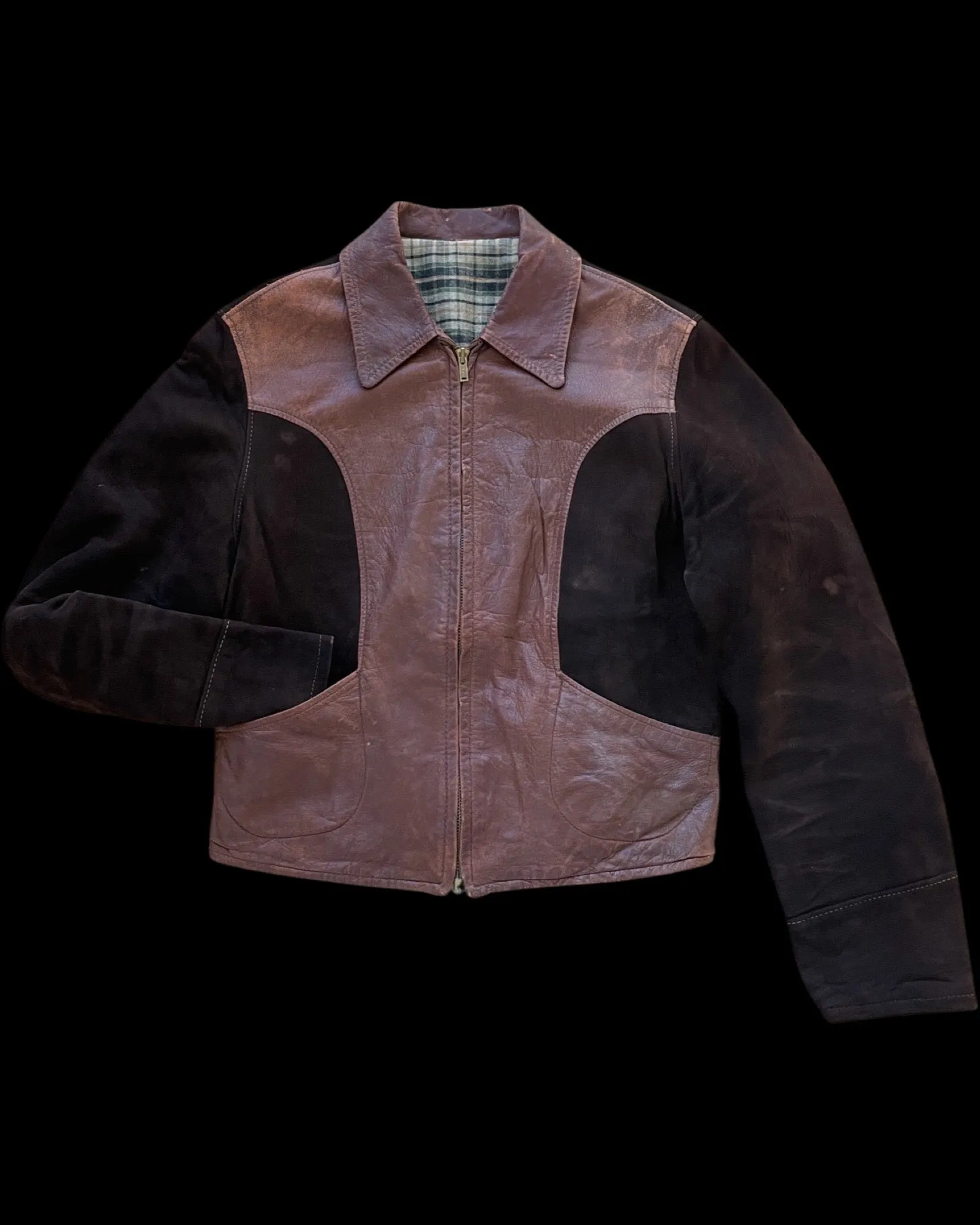 1930s-1940s Two Tone Flannel Lined Leather & Suede Side Cinch Jacket