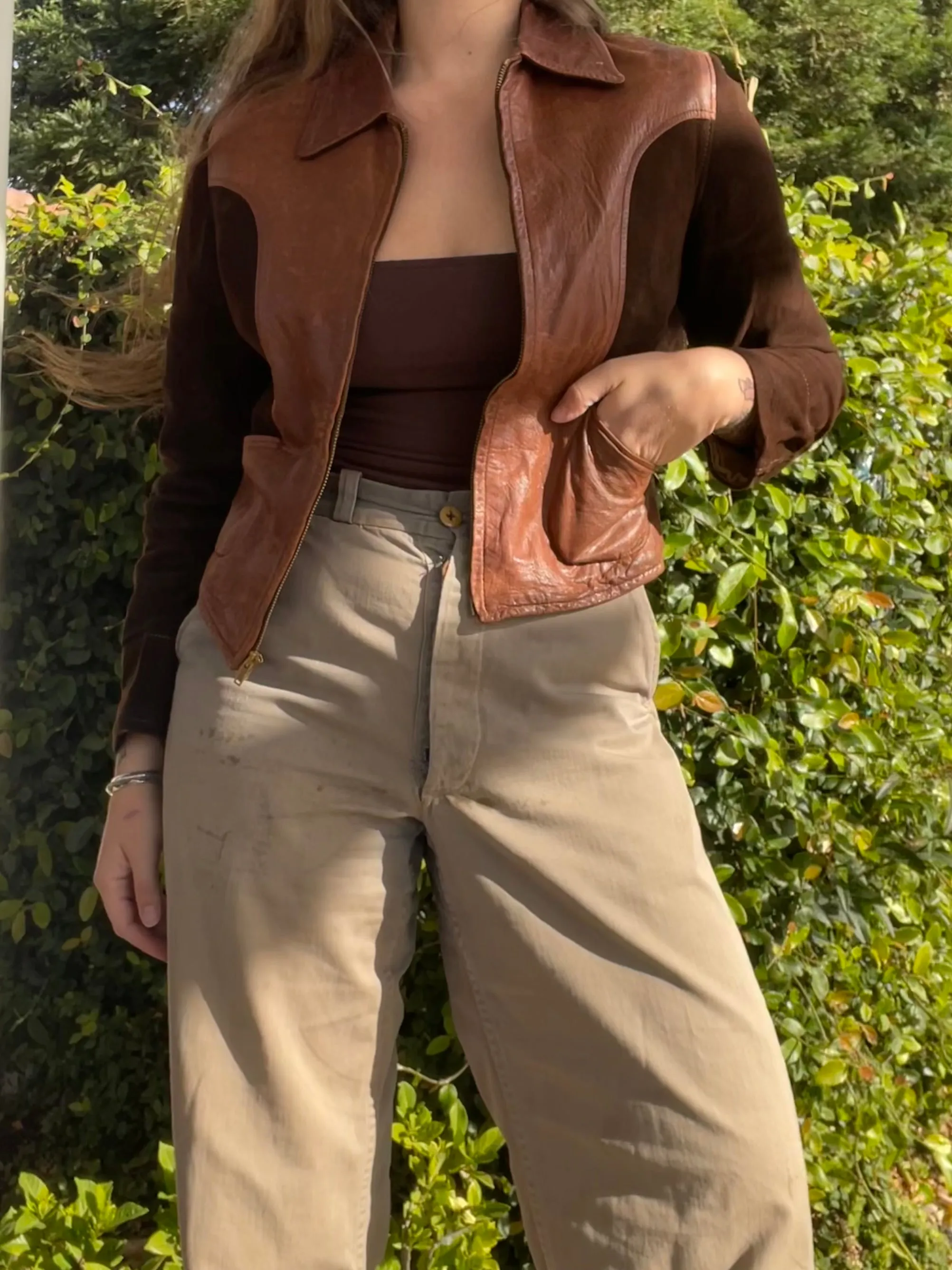 1930s-1940s Two Tone Flannel Lined Leather & Suede Side Cinch Jacket