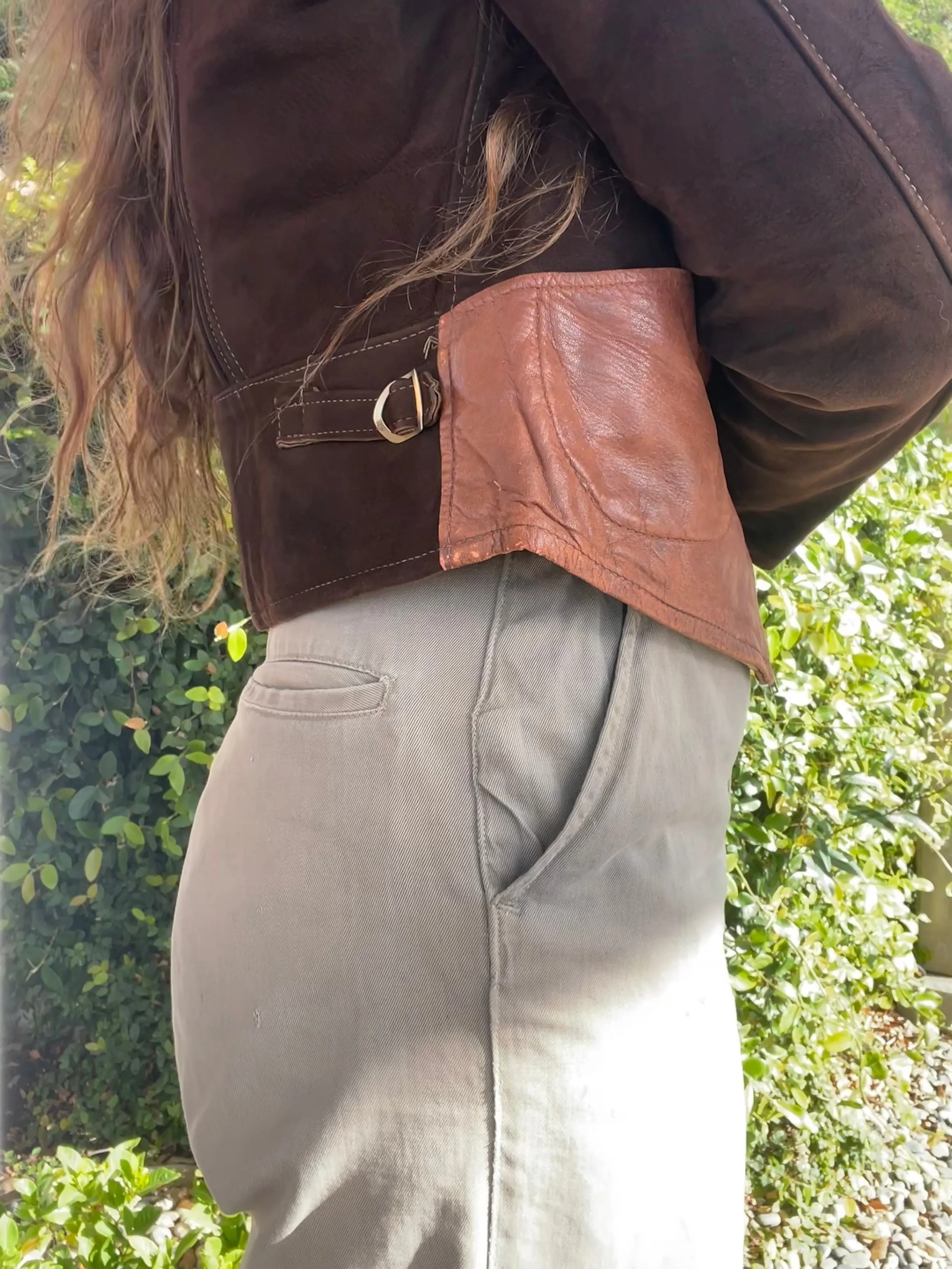 1930s-1940s Two Tone Flannel Lined Leather & Suede Side Cinch Jacket