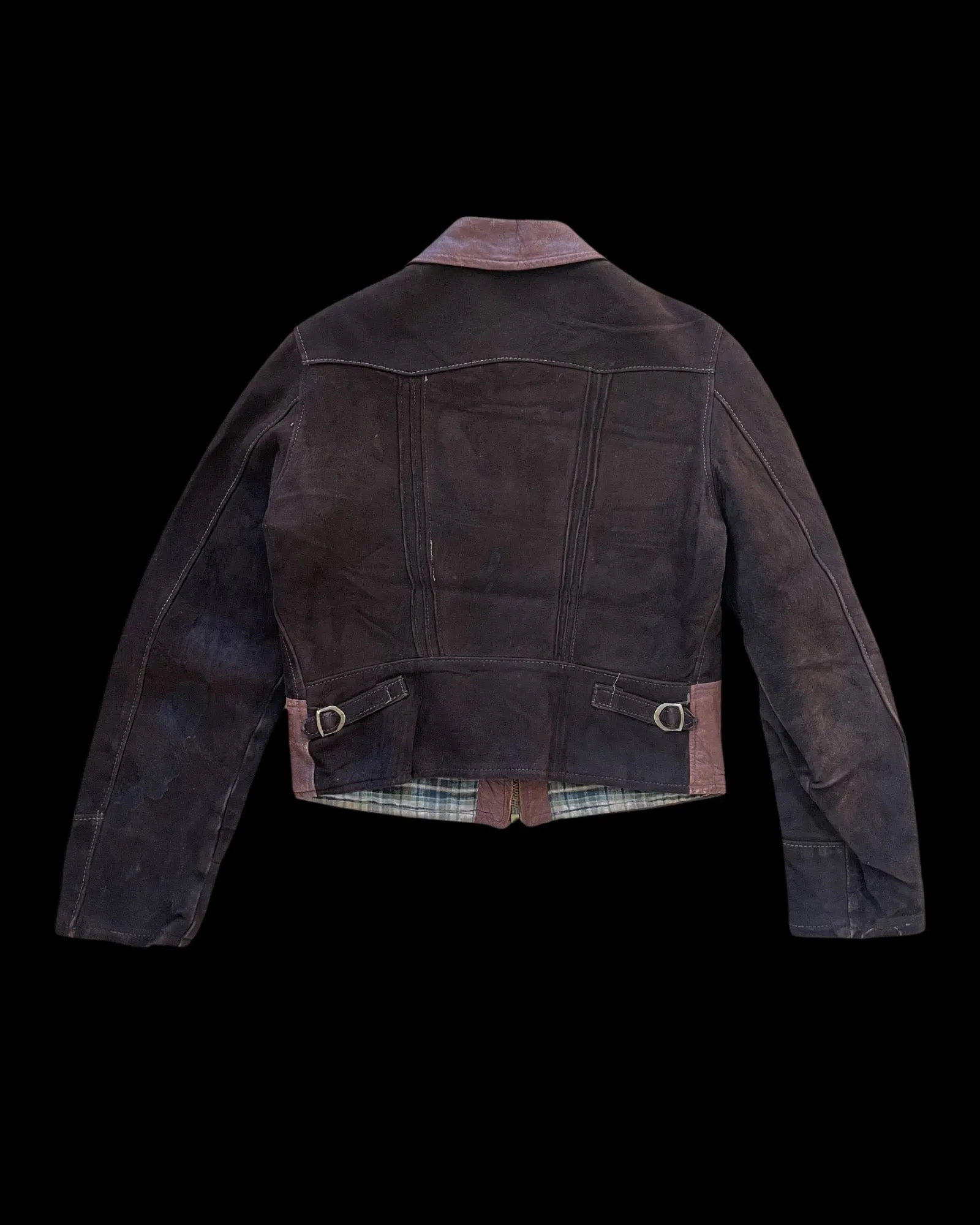 1930s-1940s Two Tone Flannel Lined Leather & Suede Side Cinch Jacket