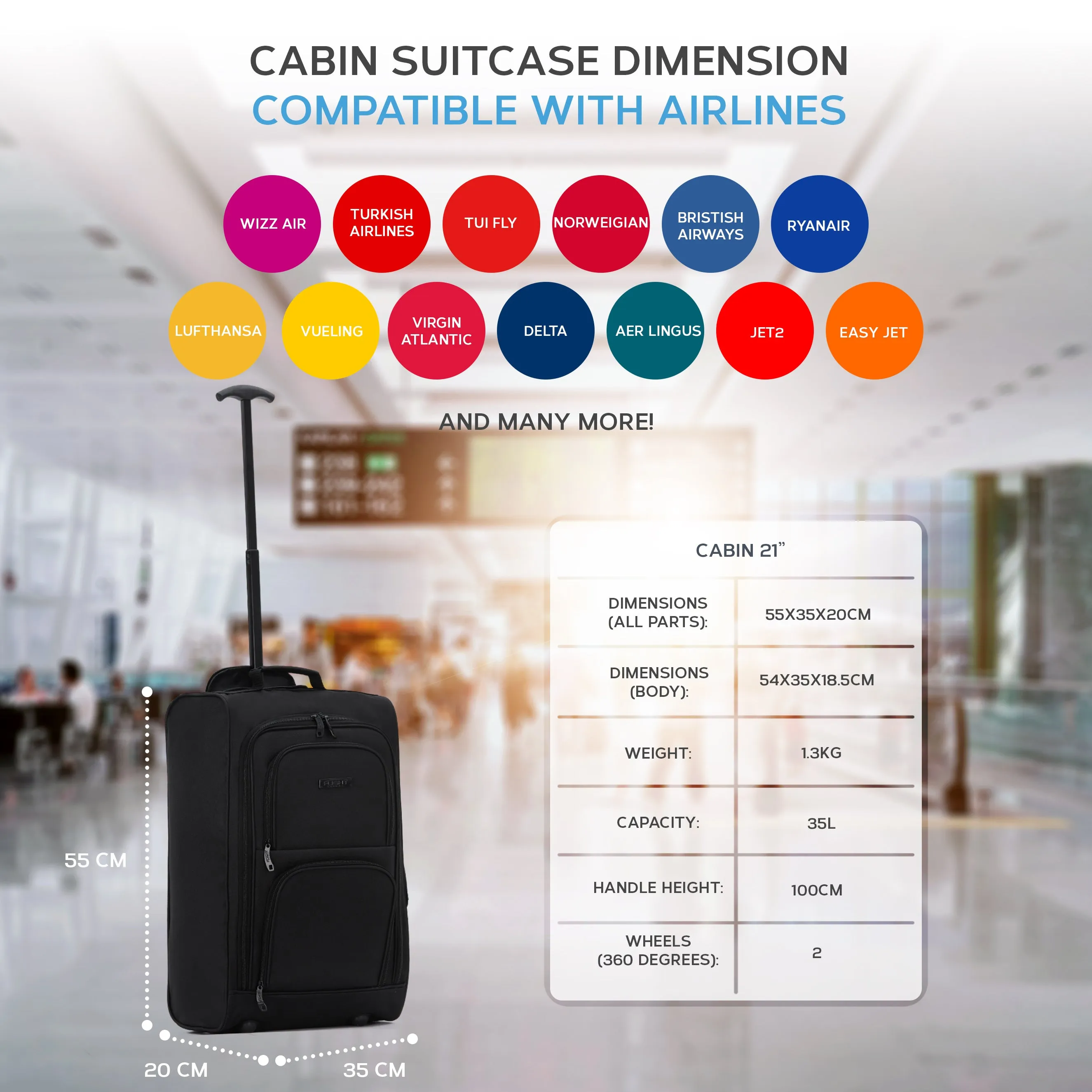 55x35x20cm 2 Wheel Soft Shell Suitcase