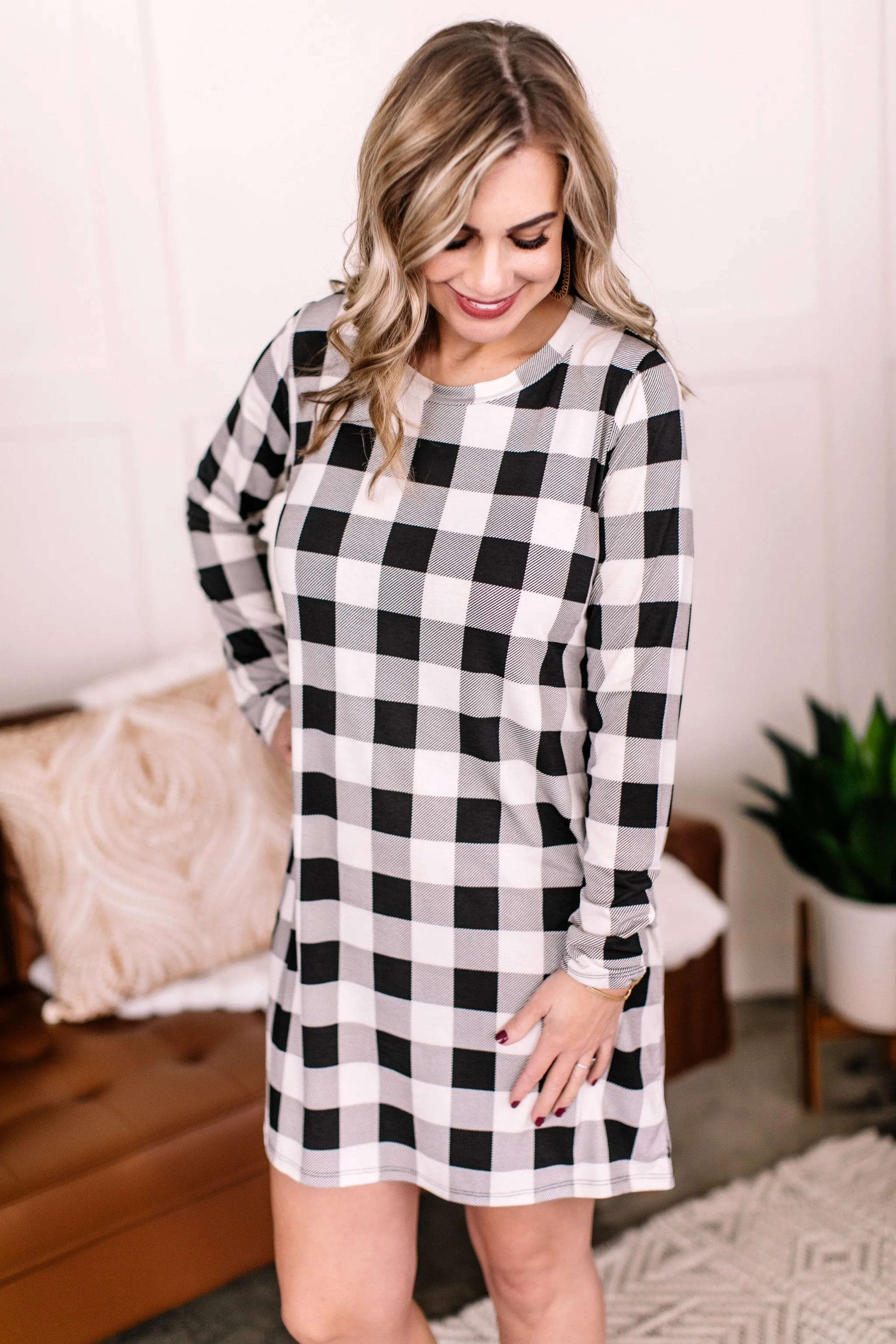 Across The Board Dress In Black   Ivory Checks