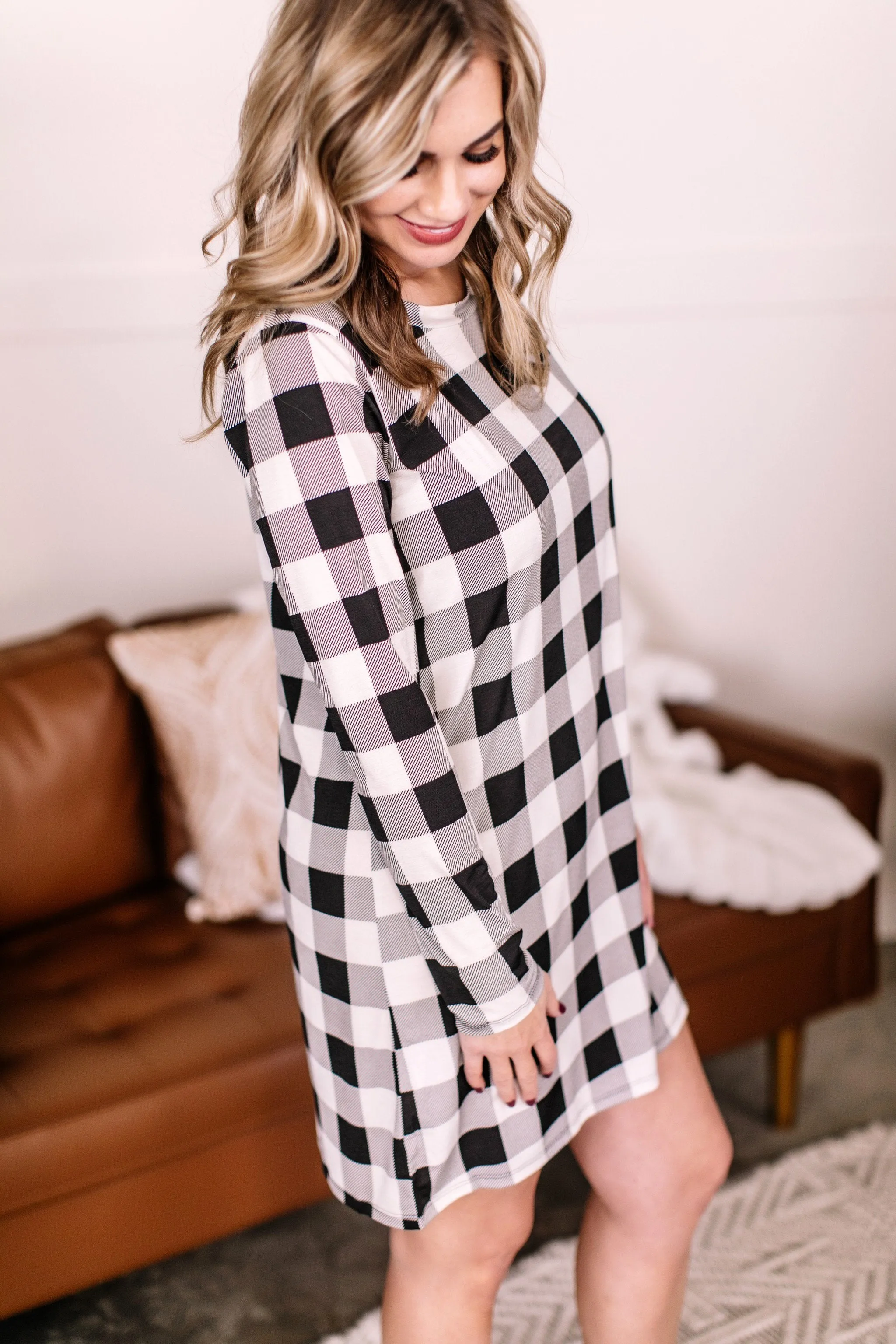 Across The Board Dress In Black   Ivory Checks