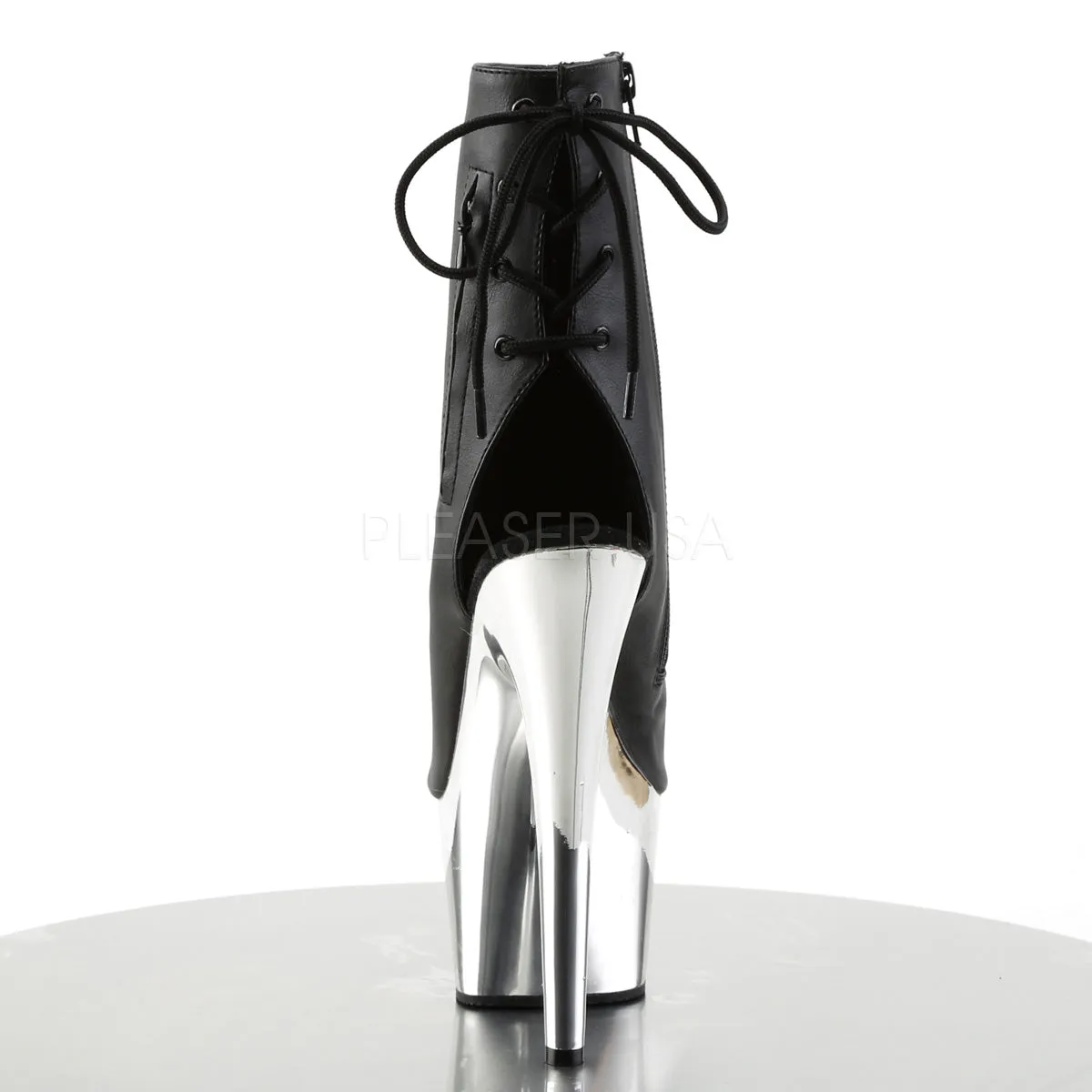 ADORE-1018  Black Faux Leather/Silver Chrome