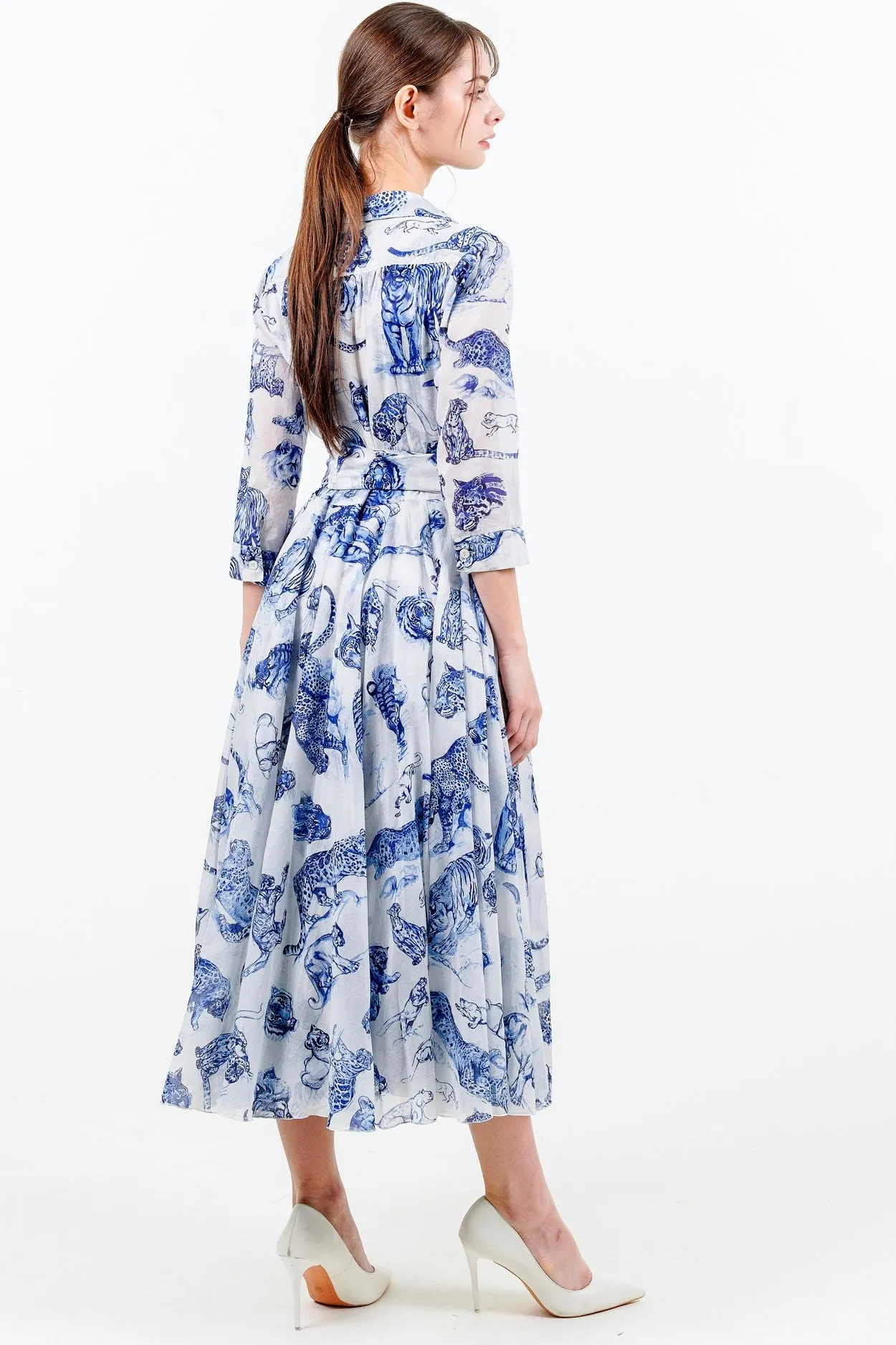 Aster Dress Shirt Collar 3/4 Sleeve Midi Length Cotton Musola (Tiger Toile Small)
