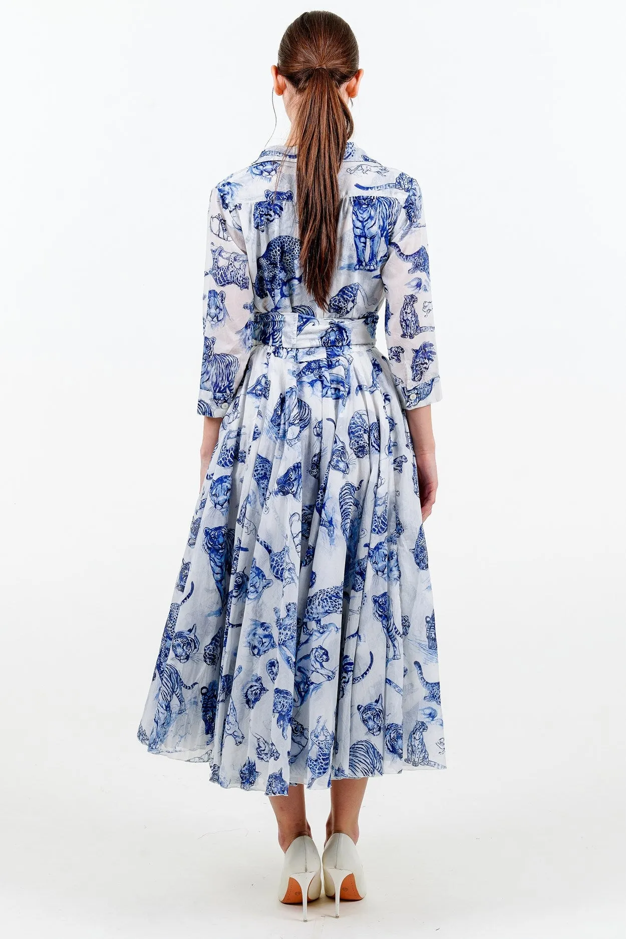 Aster Dress Shirt Collar 3/4 Sleeve Midi Length Cotton Musola (Tiger Toile Small)