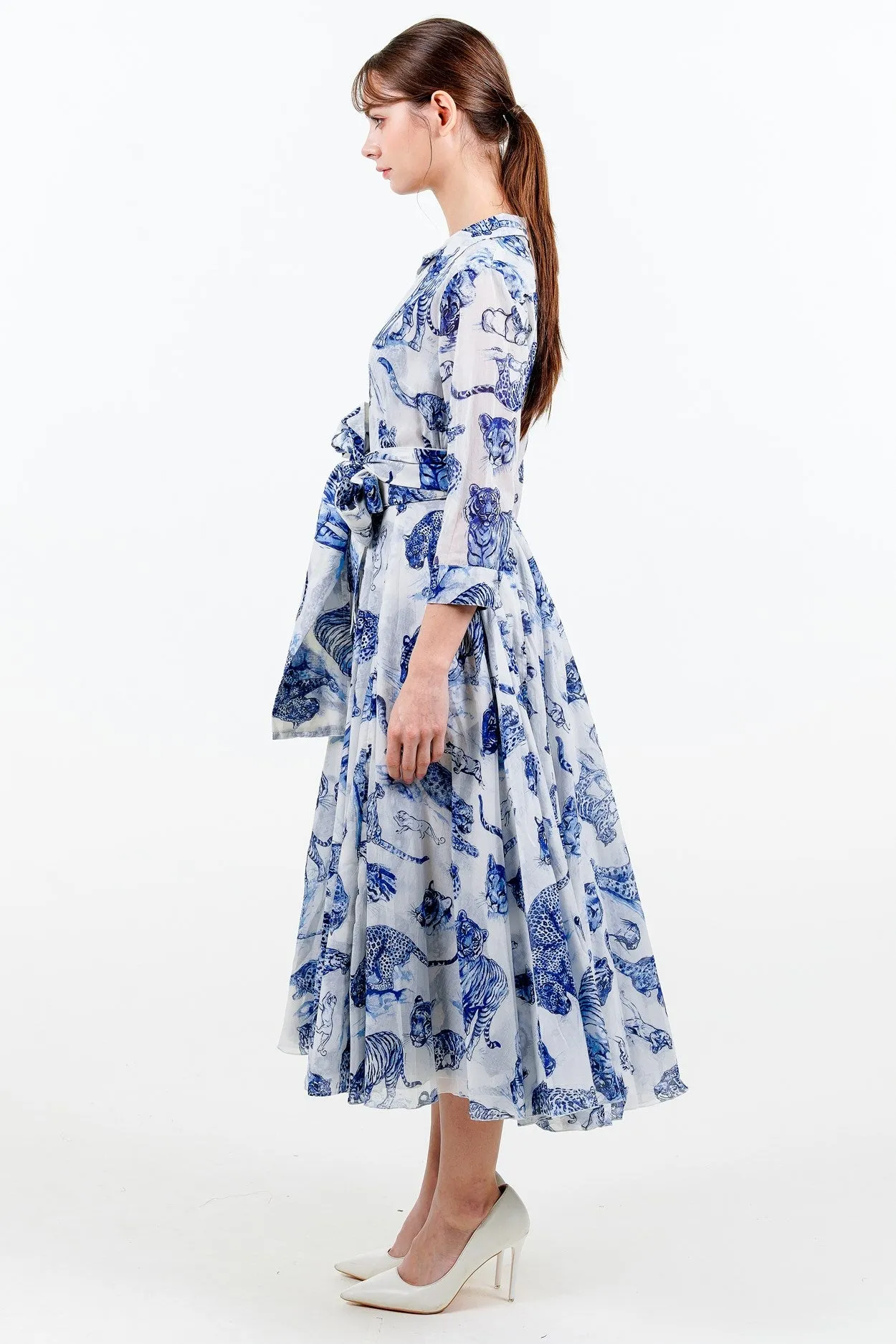 Aster Dress Shirt Collar 3/4 Sleeve Midi Length Cotton Musola (Tiger Toile Small)