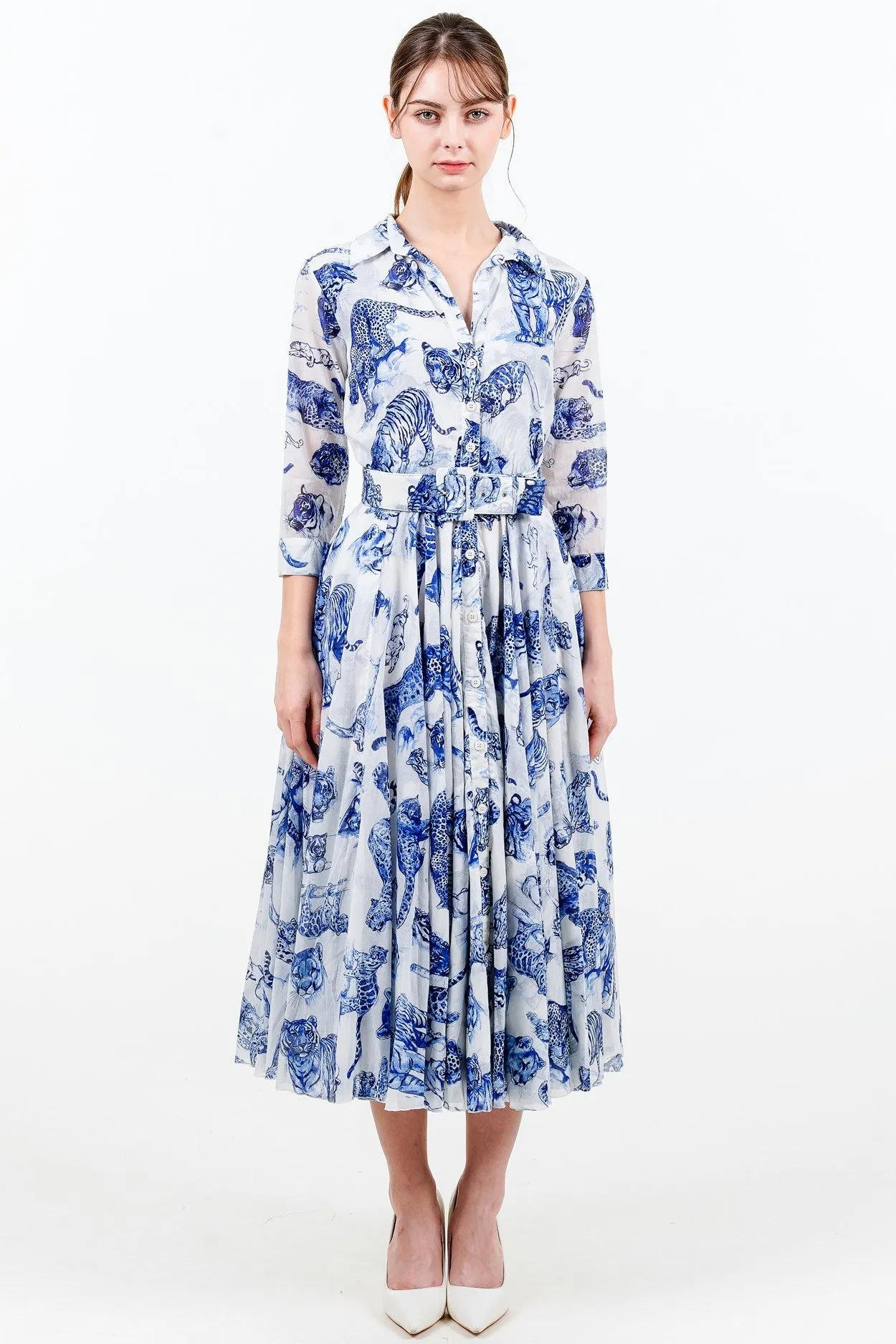 Aster Dress Shirt Collar 3/4 Sleeve Midi Length Cotton Musola (Tiger Toile Small)