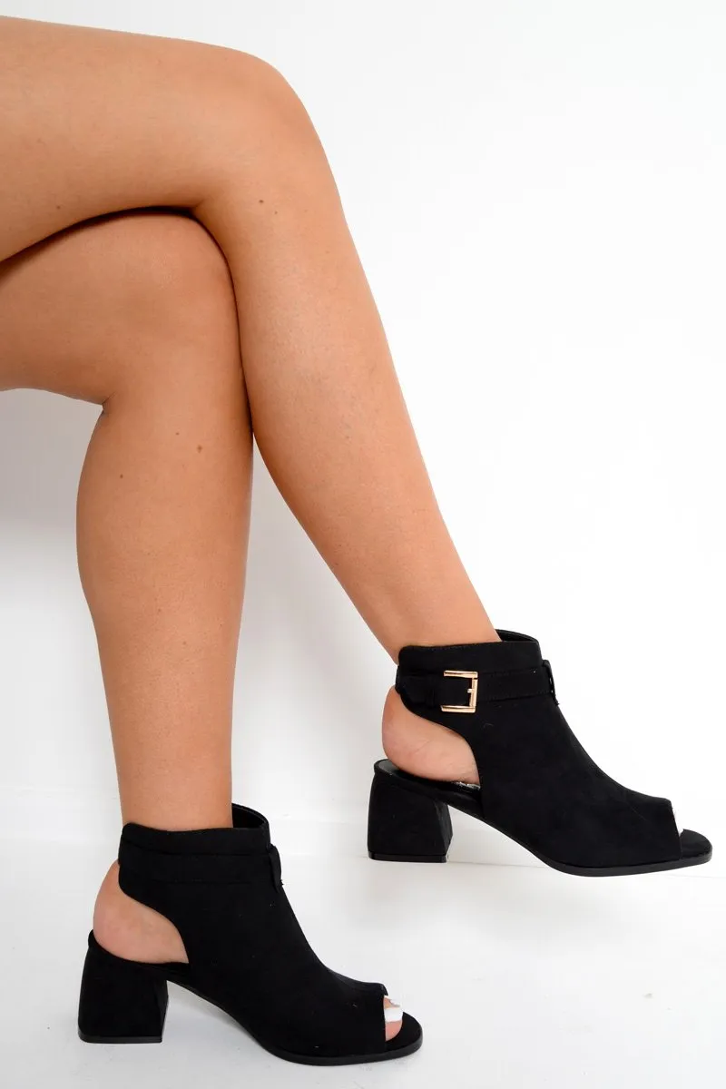Black Faux Suede Open Front and Back Block Heel Boots - Brinlee