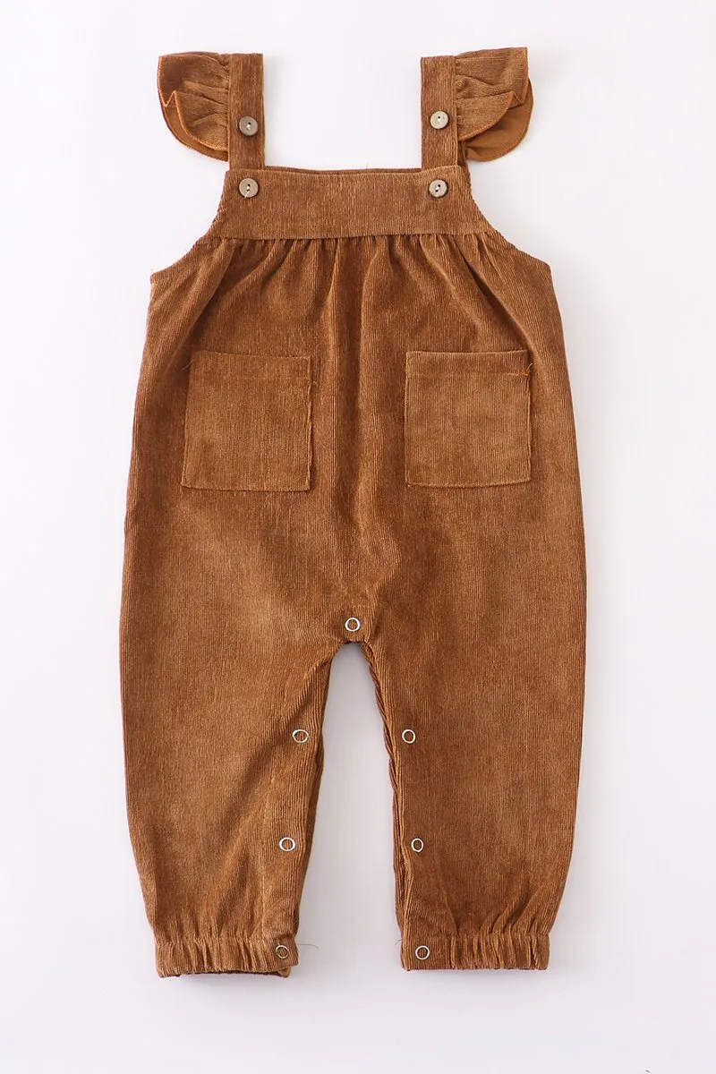 BLUSH OR KHAKI VELOUR CORDUROY RUFFLE ROMPER