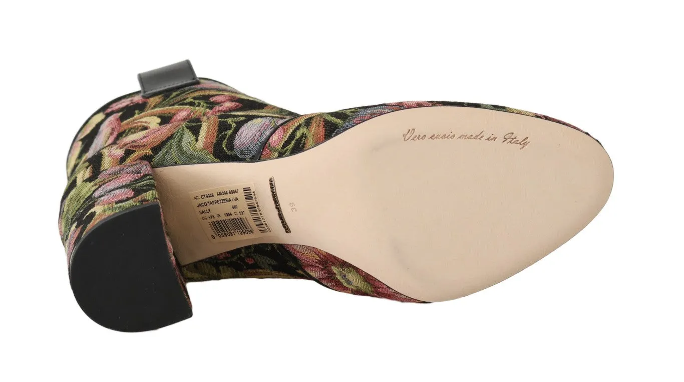 Brown Jacquard Floral Ankle Boots