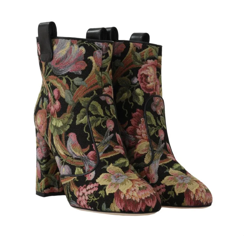 Brown Jacquard Floral Ankle Boots
