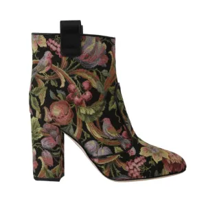 Brown Jacquard Floral Ankle Boots