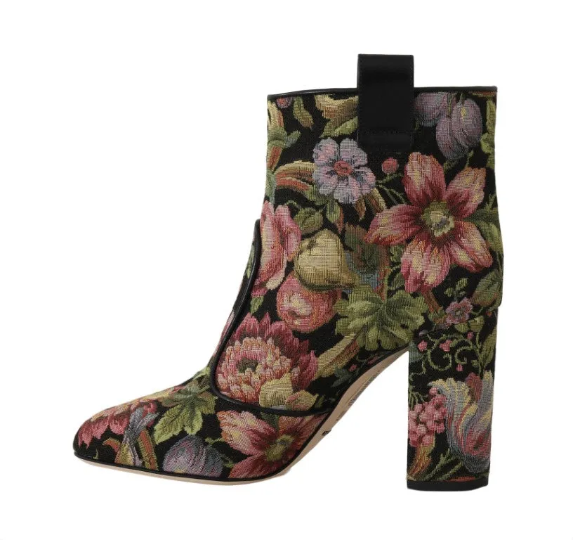 Brown Jacquard Floral Ankle Boots