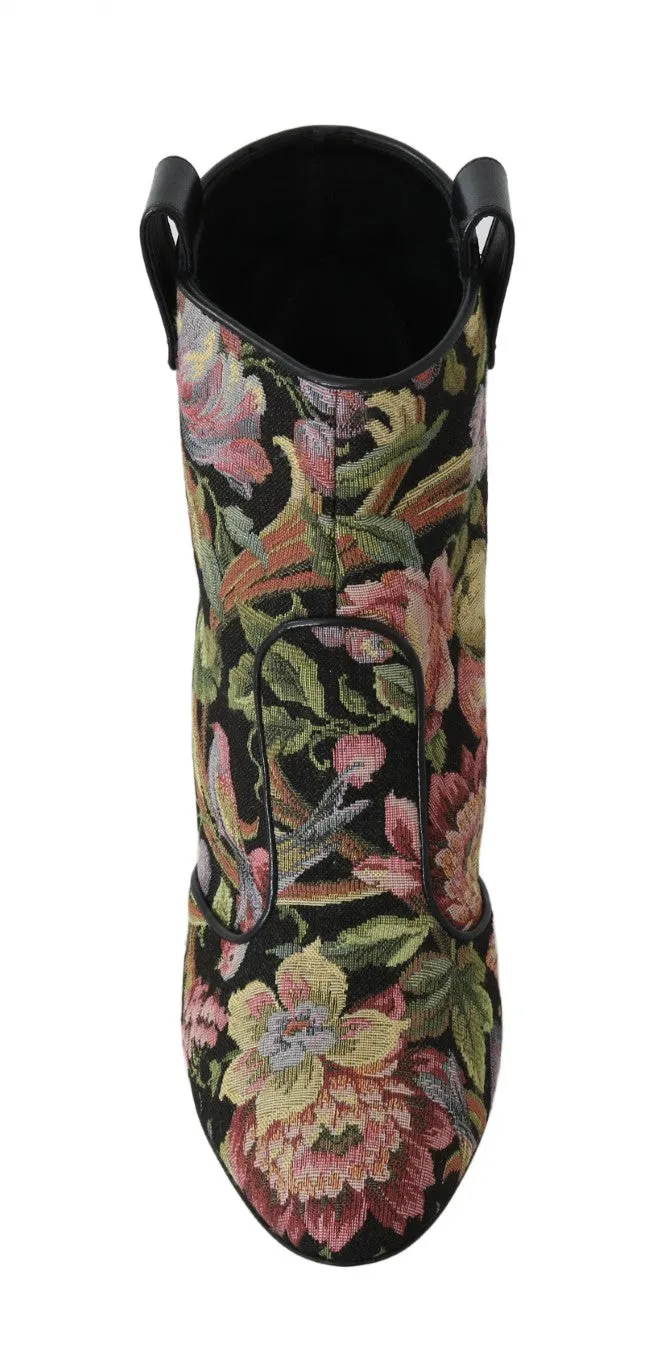 Brown Jacquard Floral Ankle Boots