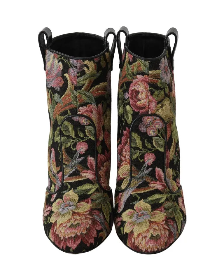 Brown Jacquard Floral Ankle Boots