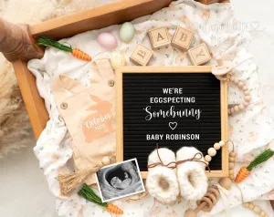 Easter Pregnancy Announcement Digital Reveal With Vintage Bed and Bunny Overalls