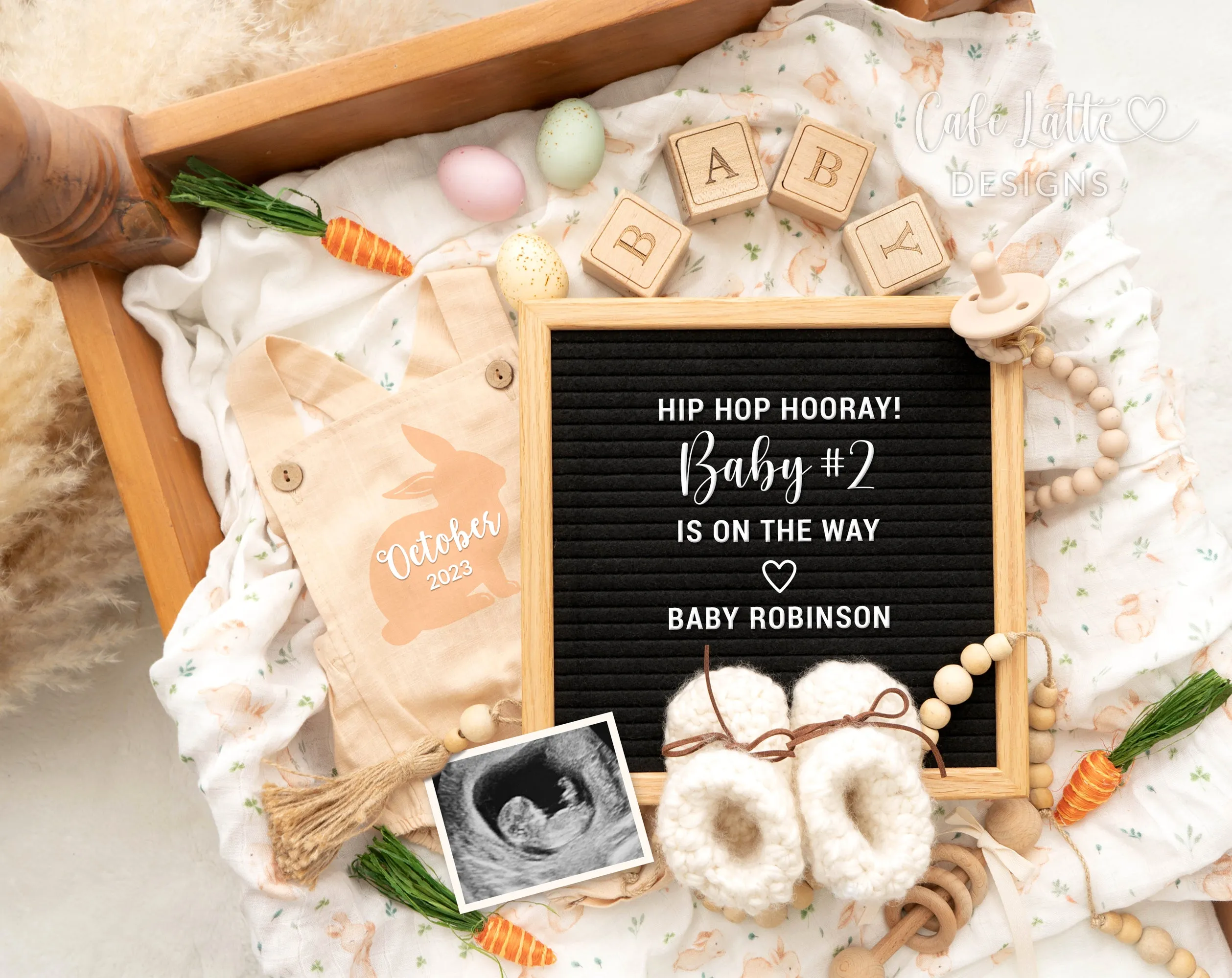 Easter Pregnancy Announcement Digital Reveal With Vintage Bed and Bunny Overalls