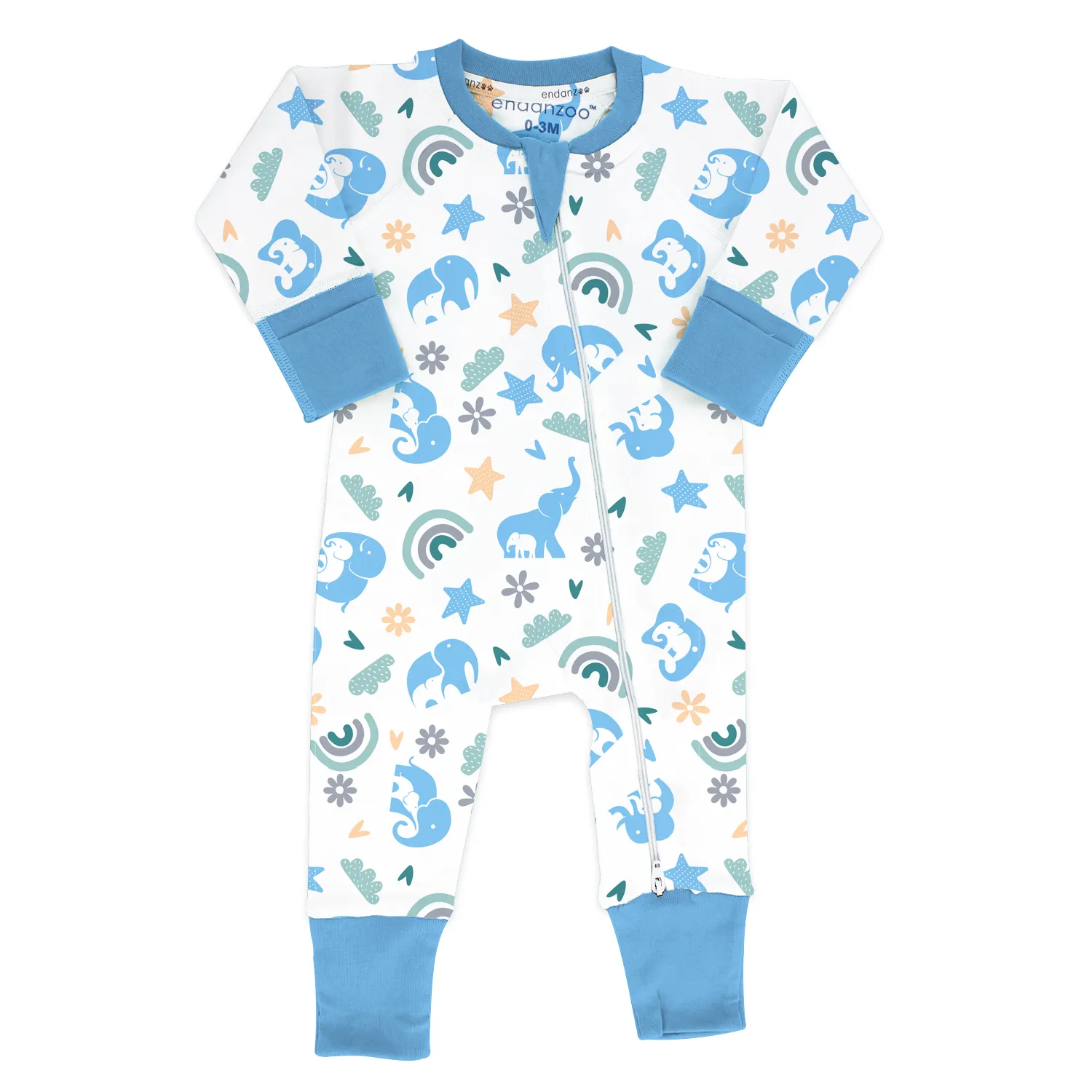 Endanzoo Organic Long Sleeve Double Zippered Romper - Elephant Love