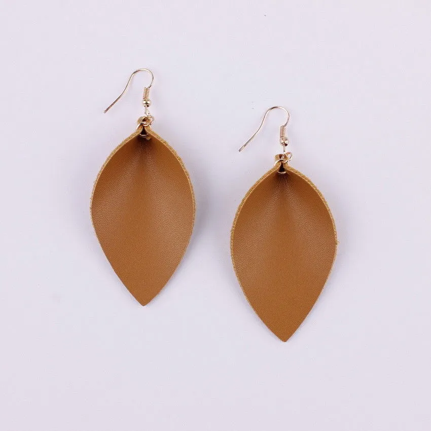 Fall Folded Pinched Leaf Leather Drop Earrings