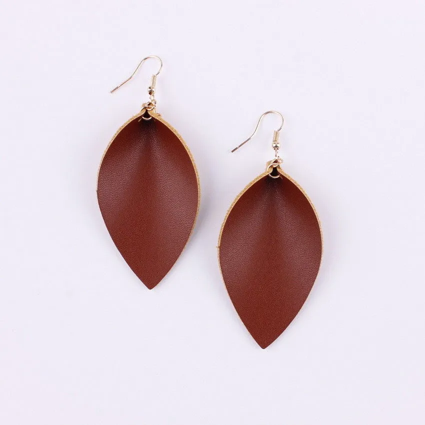 Fall Folded Pinched Leaf Leather Drop Earrings