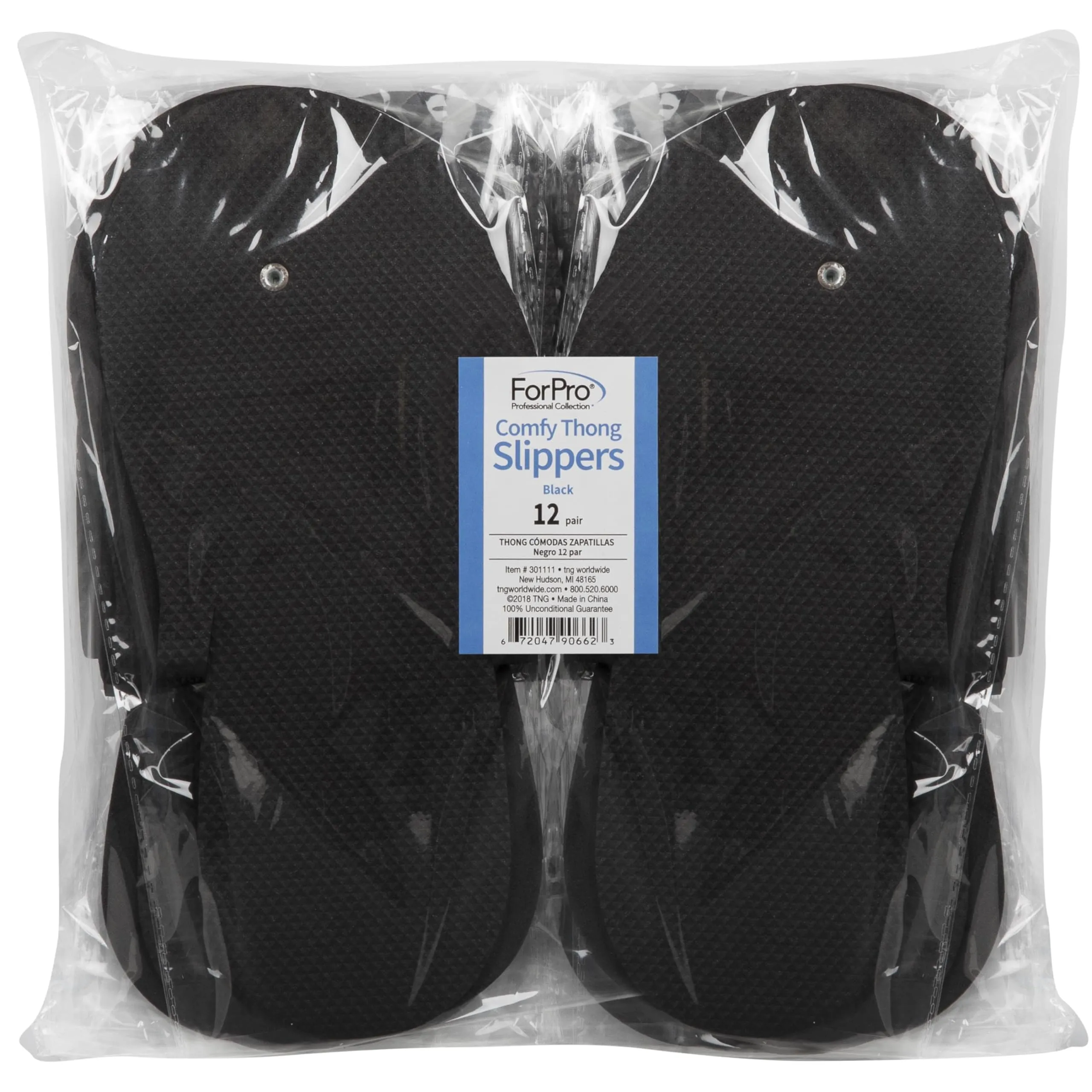 ForPro Comfy Pedi Slippers, Black, Disposable Foam Pedicure Slippers for Nail Salons & Spas, Individually-Wrapped, 12-Pair