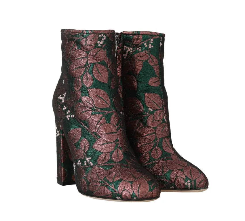 Green Jacquard Zipper Ankle Boots