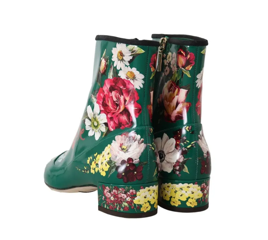 Green Leather Floral Ankle Boots