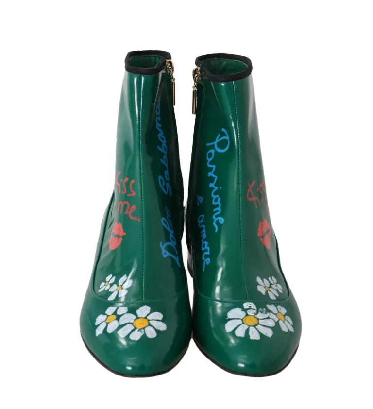 Green Leather Floral Ankle Boots