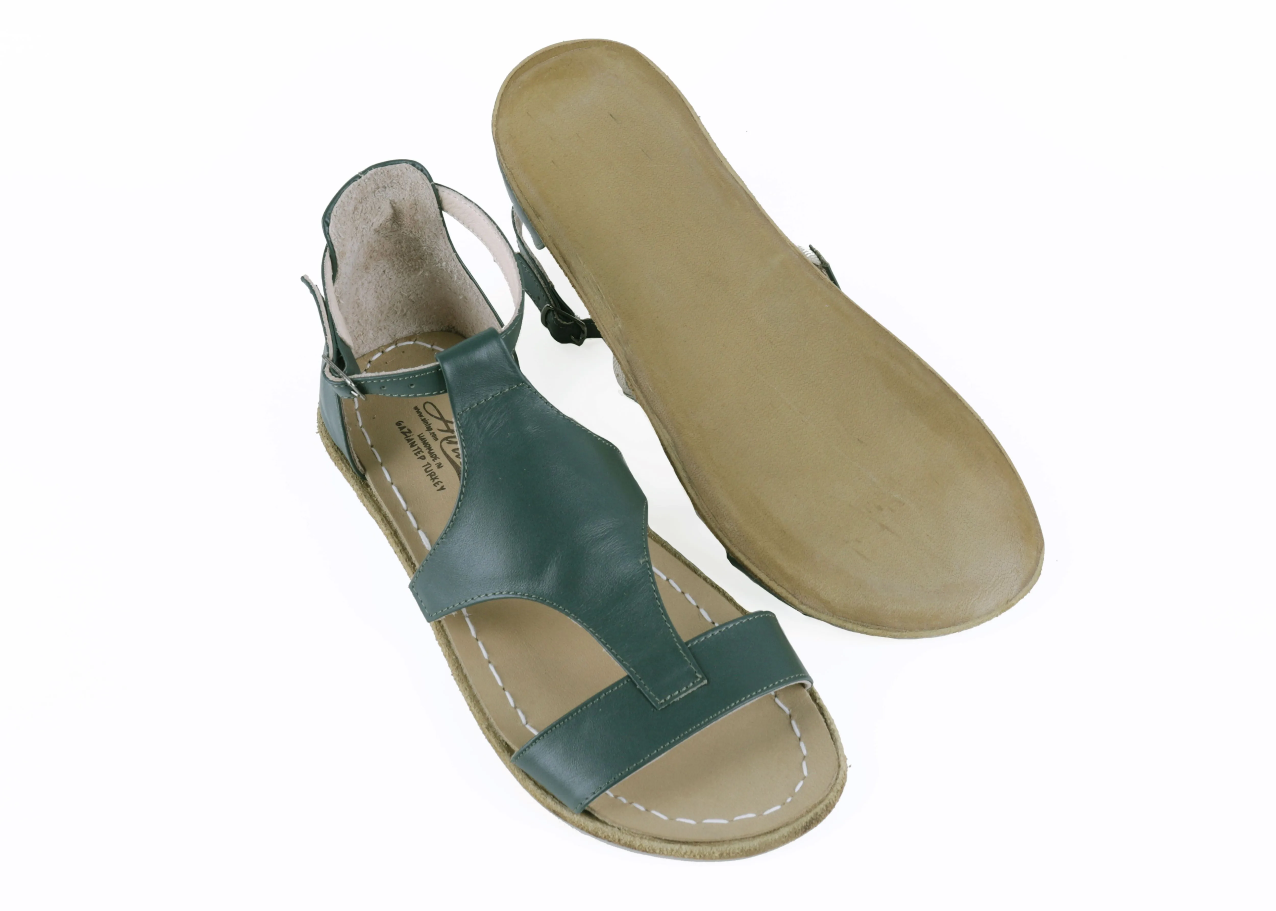 Green Women Buckle Slipper Wide Barefoot Smooth Leather Handmade