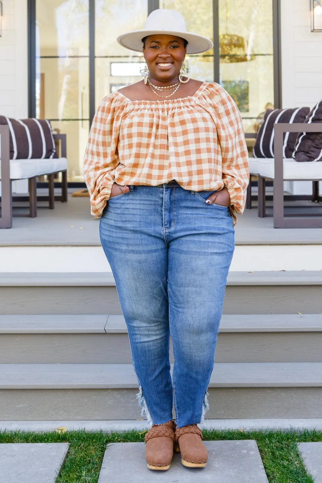 Hazel Blues® |  One Fine Afternoon Gingham Plaid Top In Caramel