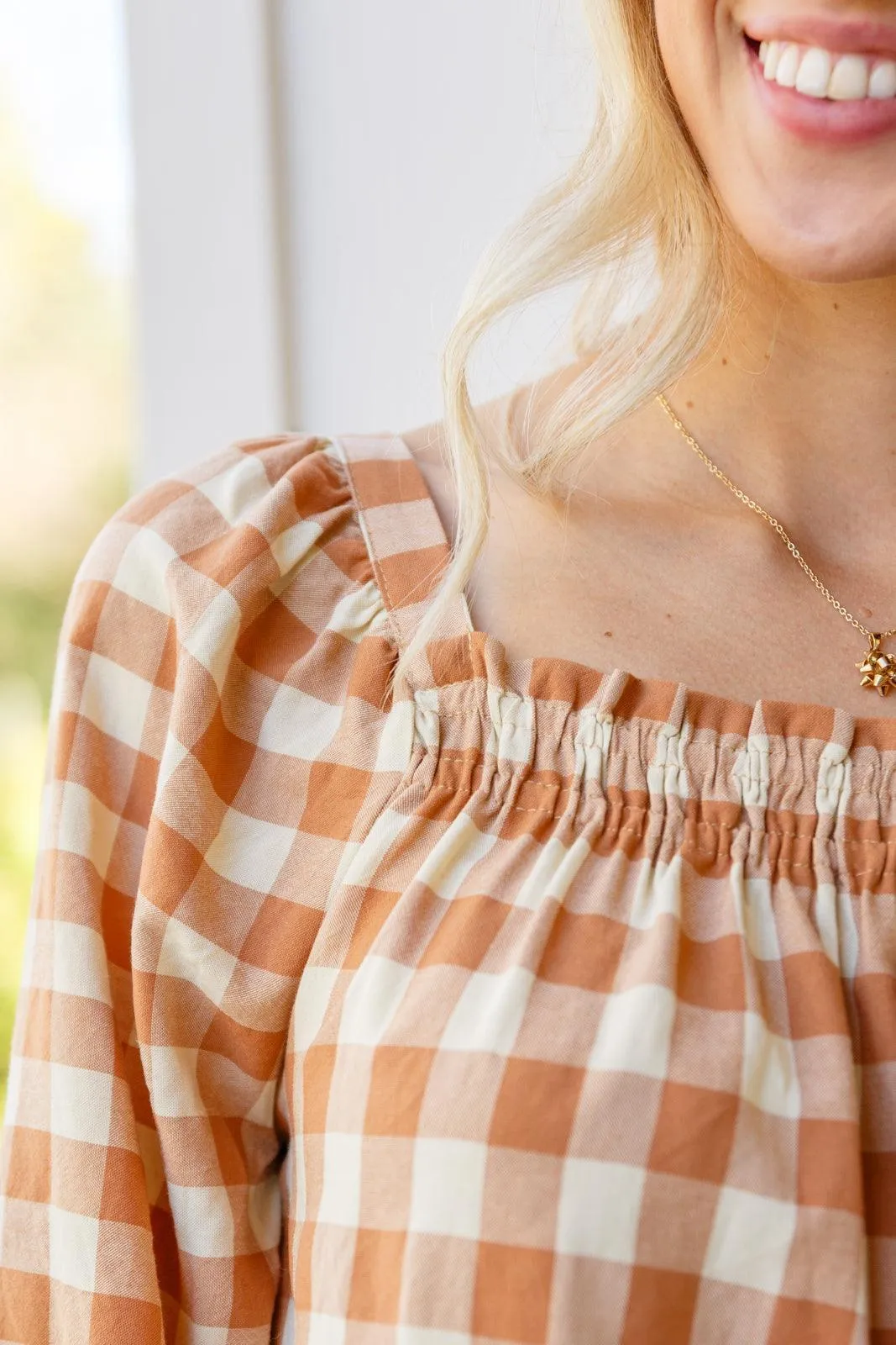 Hazel Blues® |  One Fine Afternoon Gingham Plaid Top In Caramel