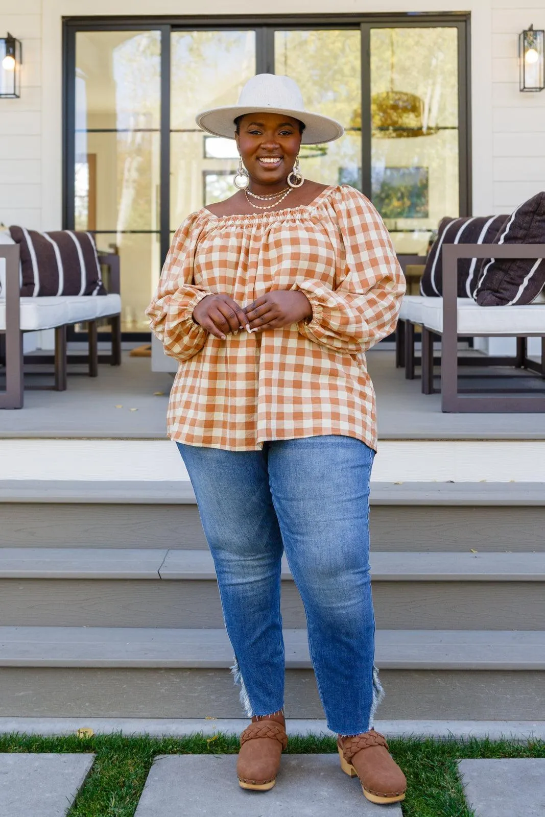 Hazel Blues® |  One Fine Afternoon Gingham Plaid Top In Caramel