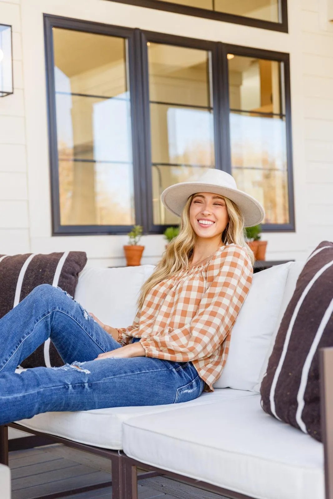 Hazel Blues® |  One Fine Afternoon Gingham Plaid Top In Caramel
