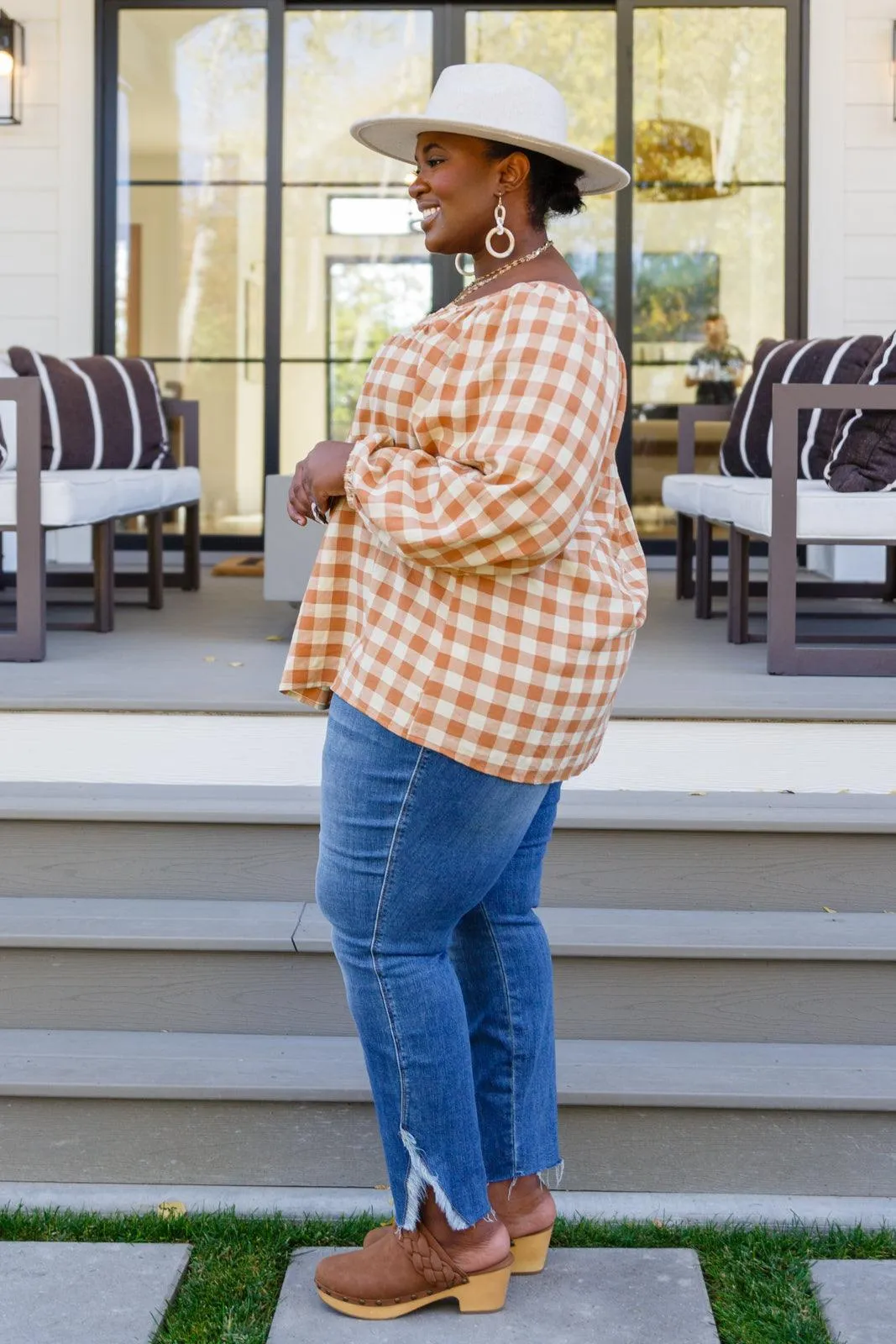 Hazel Blues® |  One Fine Afternoon Gingham Plaid Top In Caramel