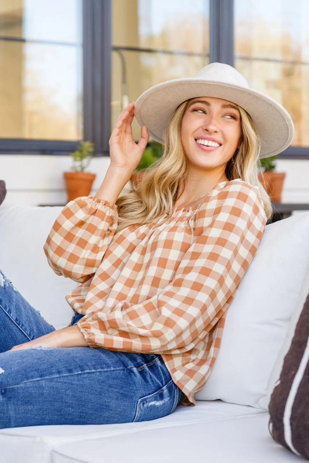 Hazel Blues® |  One Fine Afternoon Gingham Plaid Top In Caramel