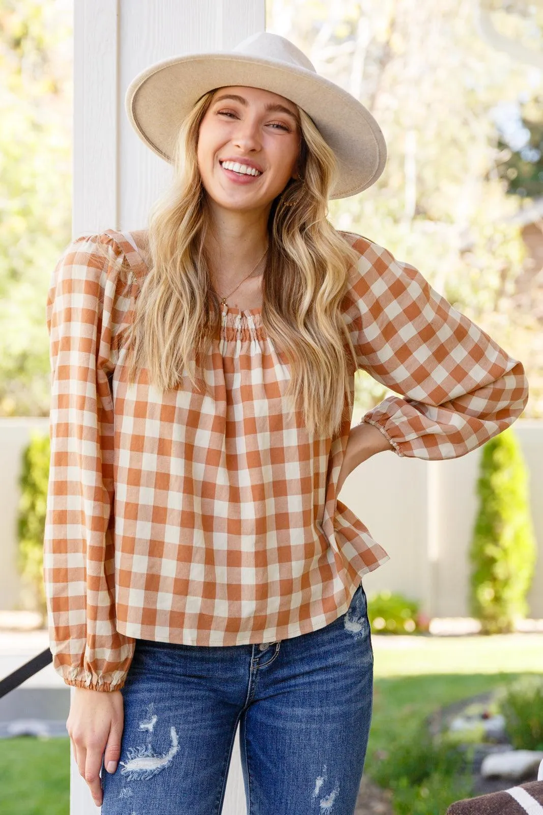 Hazel Blues® |  One Fine Afternoon Gingham Plaid Top In Caramel