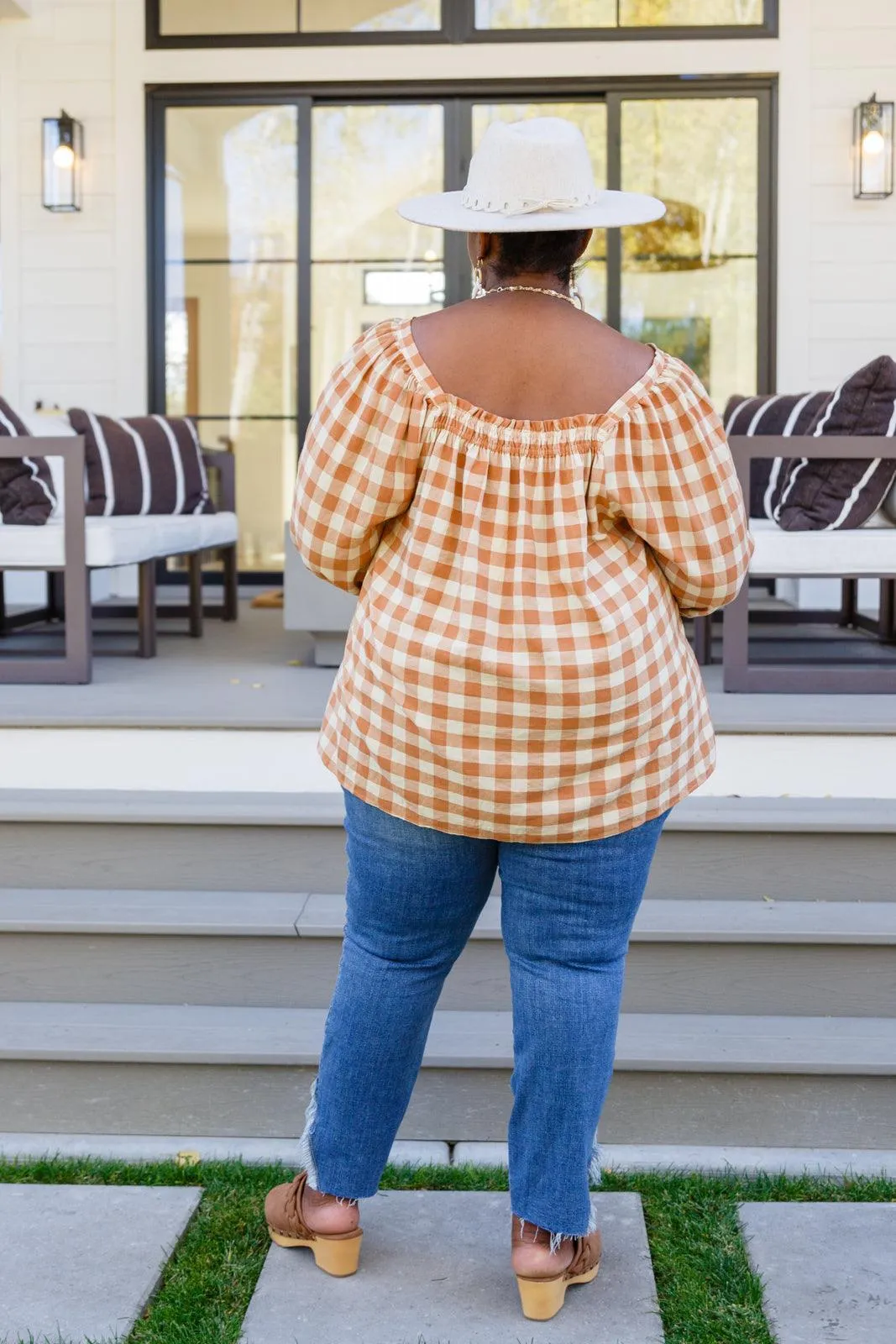 Hazel Blues® |  One Fine Afternoon Gingham Plaid Top In Caramel