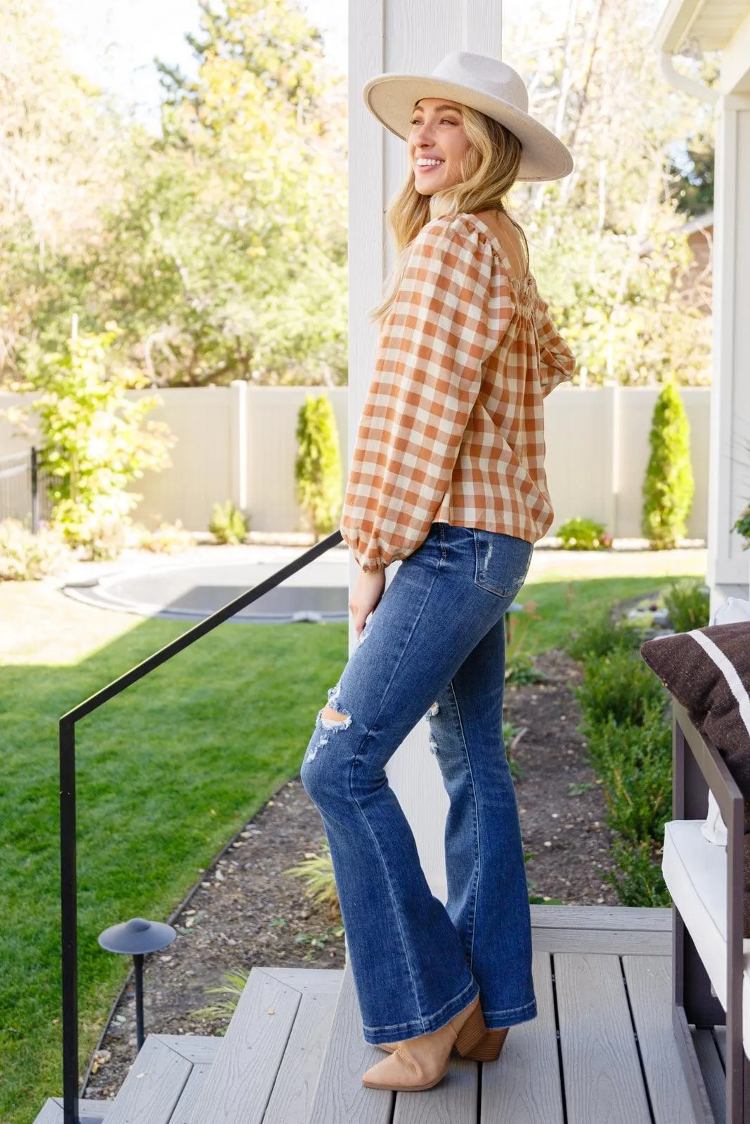 Hazel Blues® |  One Fine Afternoon Gingham Plaid Top In Caramel