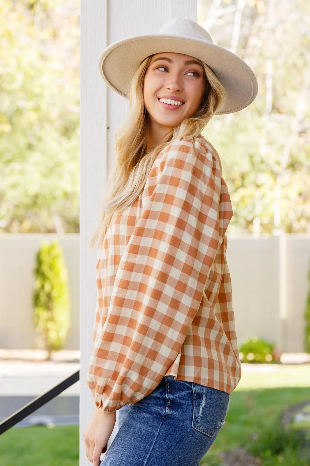 Hazel Blues® |  One Fine Afternoon Gingham Plaid Top In Caramel
