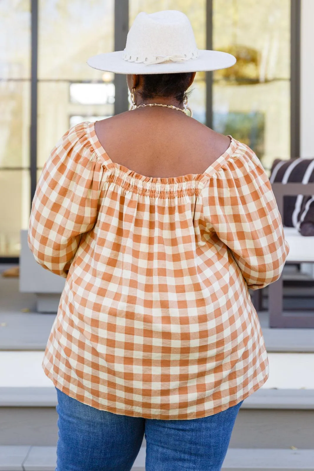 Hazel Blues® |  One Fine Afternoon Gingham Plaid Top In Caramel