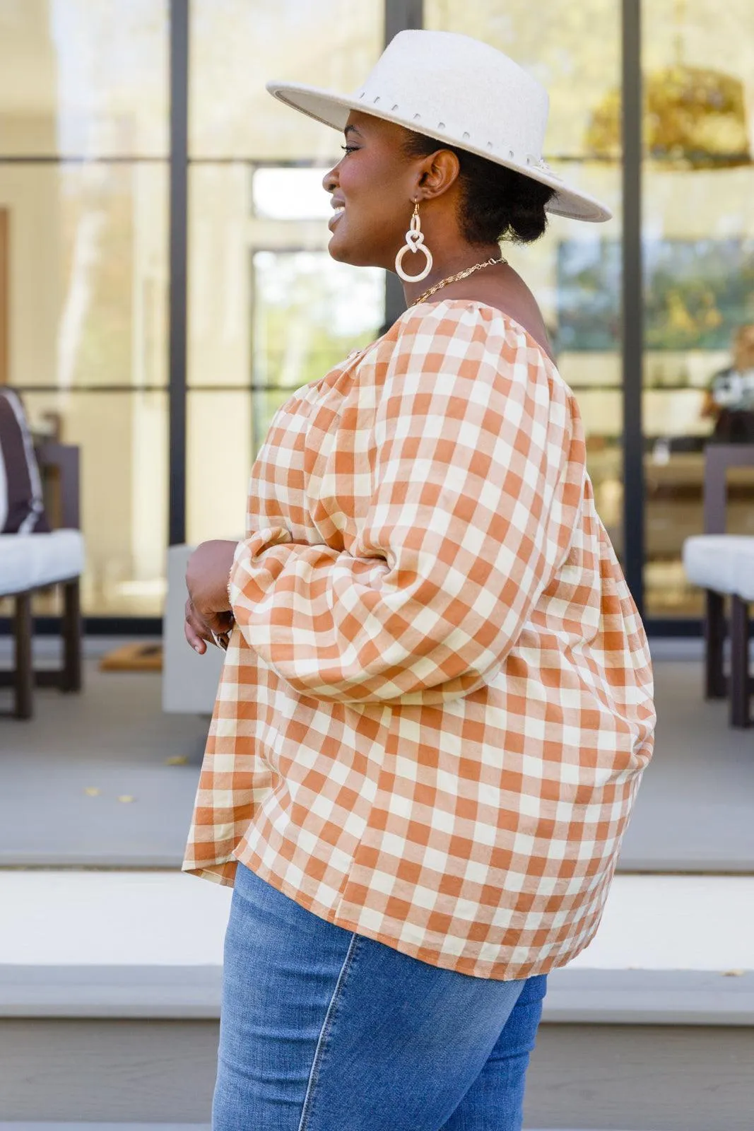 Hazel Blues® |  One Fine Afternoon Gingham Plaid Top In Caramel