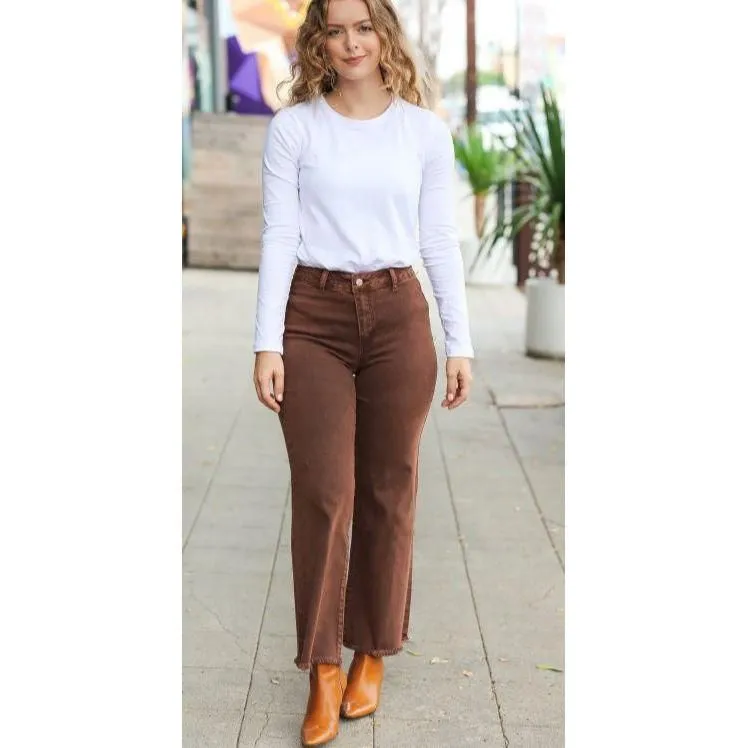High Waist Straight Acid Wash Frayed Cutoff High Waist Jeans, BROWN