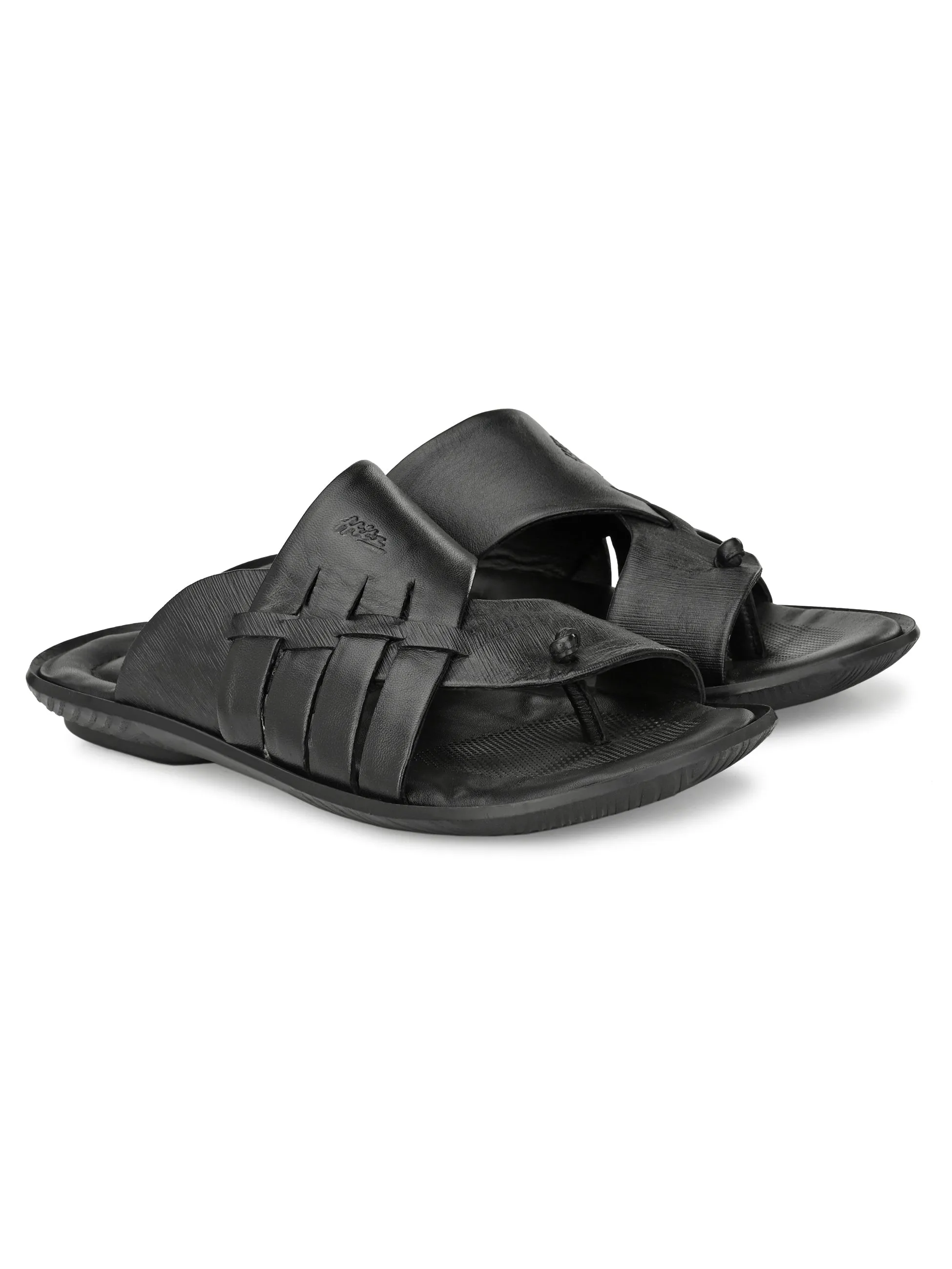 Hitz Men's Black Leather Toe Ring Comfort Slippers