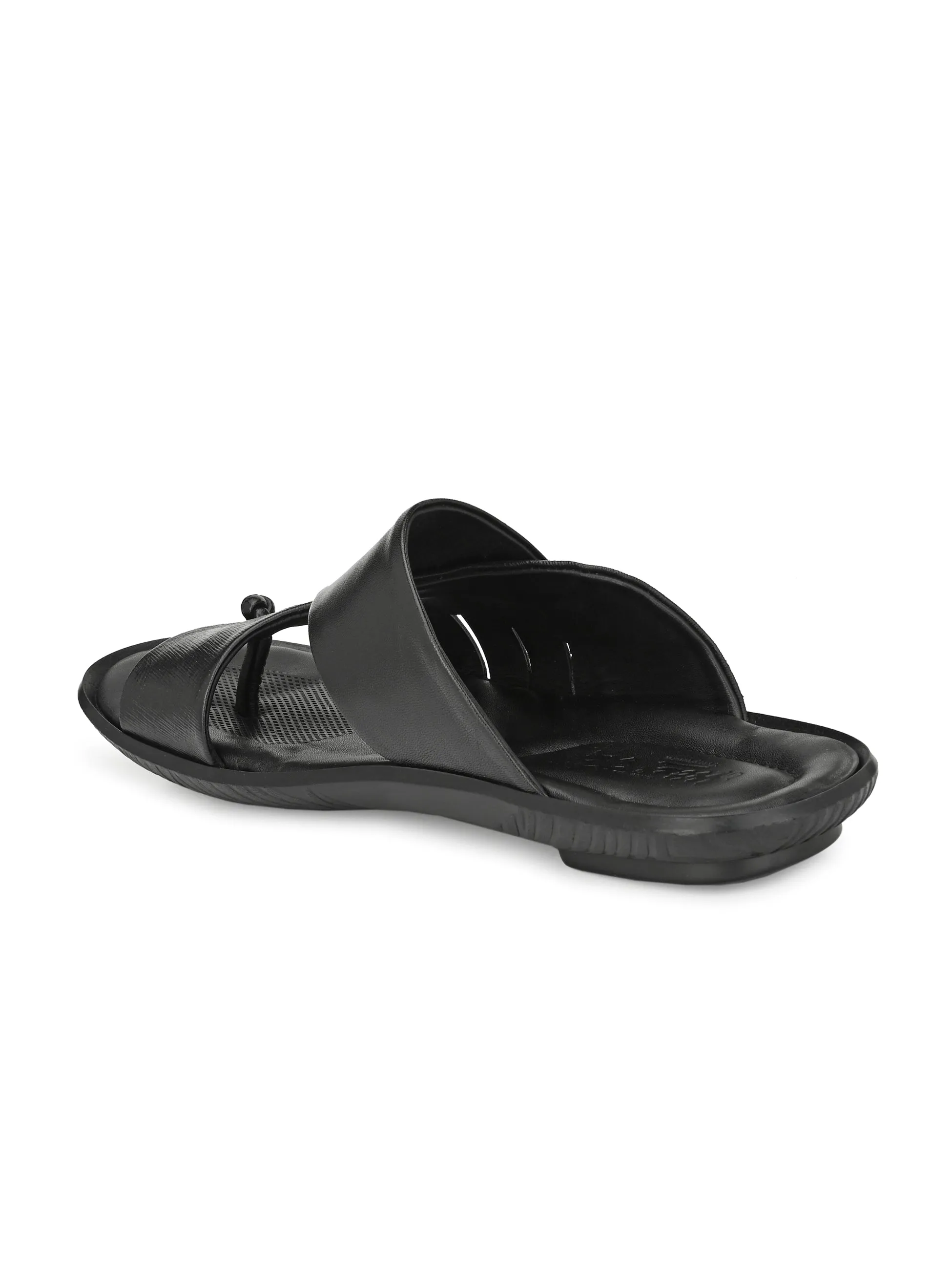 Hitz Men's Black Leather Toe Ring Comfort Slippers