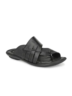 Hitz Men's Black Leather Toe Ring Comfort Slippers